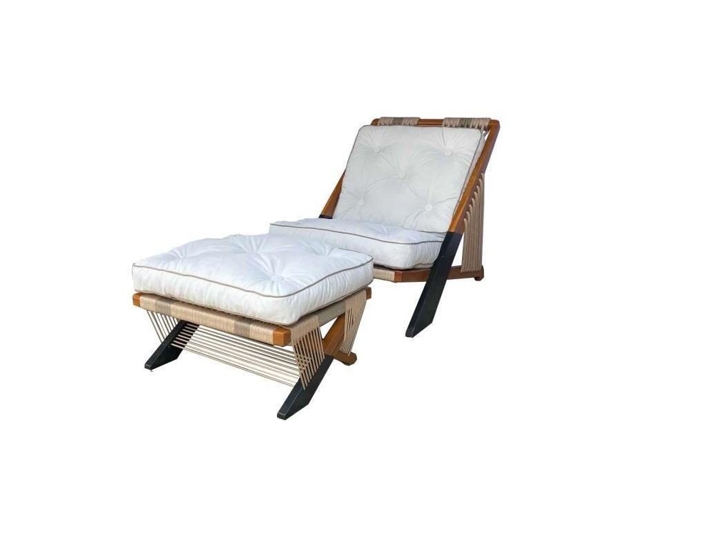 Contemporary Outdoor Armchair With Ottoman In Solid Teak For Sale