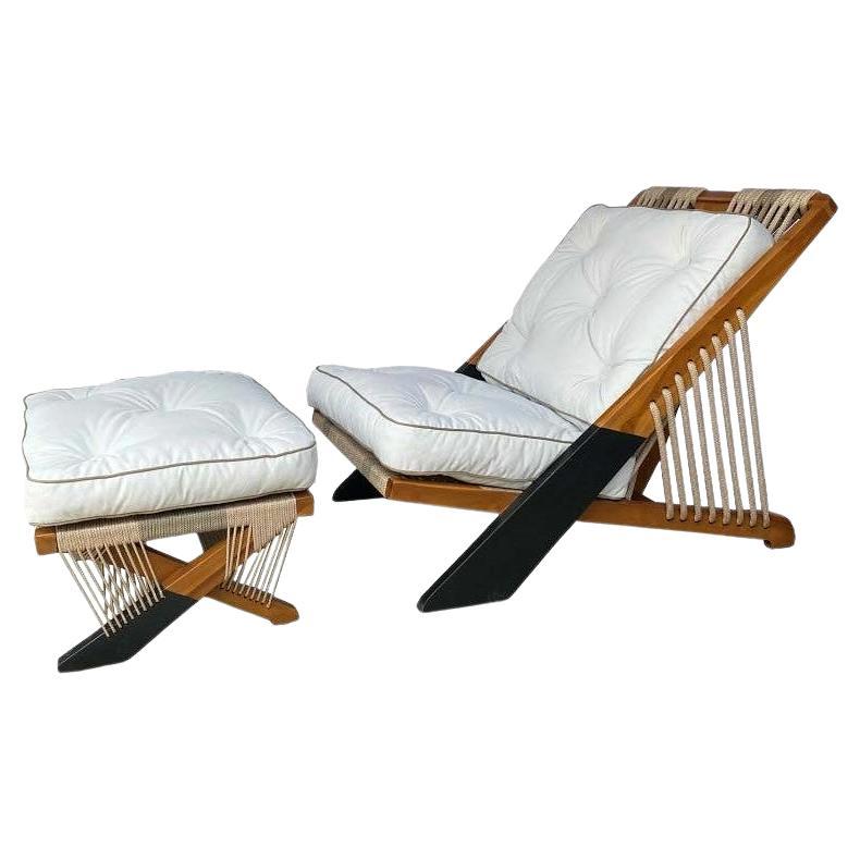 Outdoor Armchair With Ottoman In Solid Teak For Sale