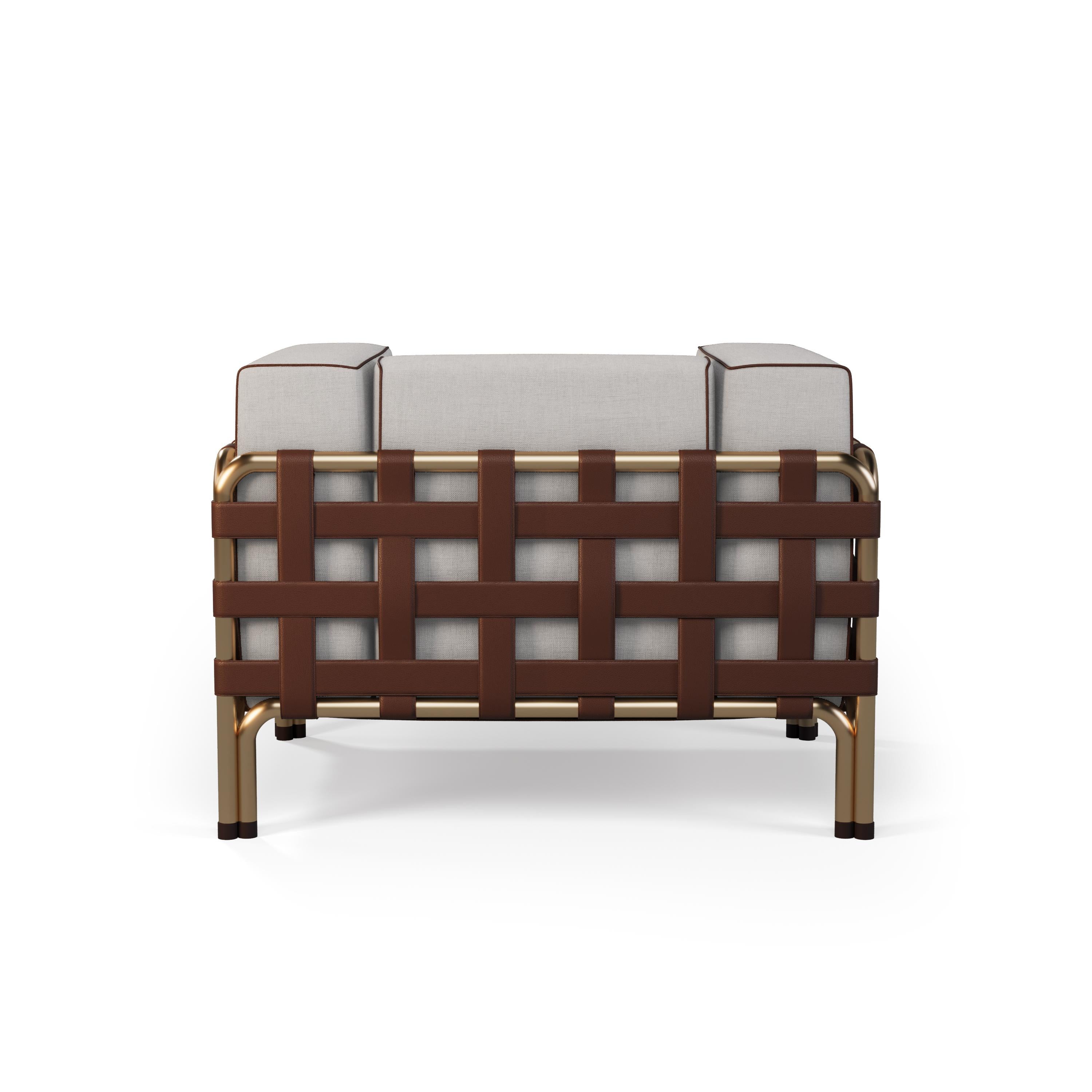 Portuguese Outdoor Armchair with Weather-Resistant Fabric and Leather Accents For Sale