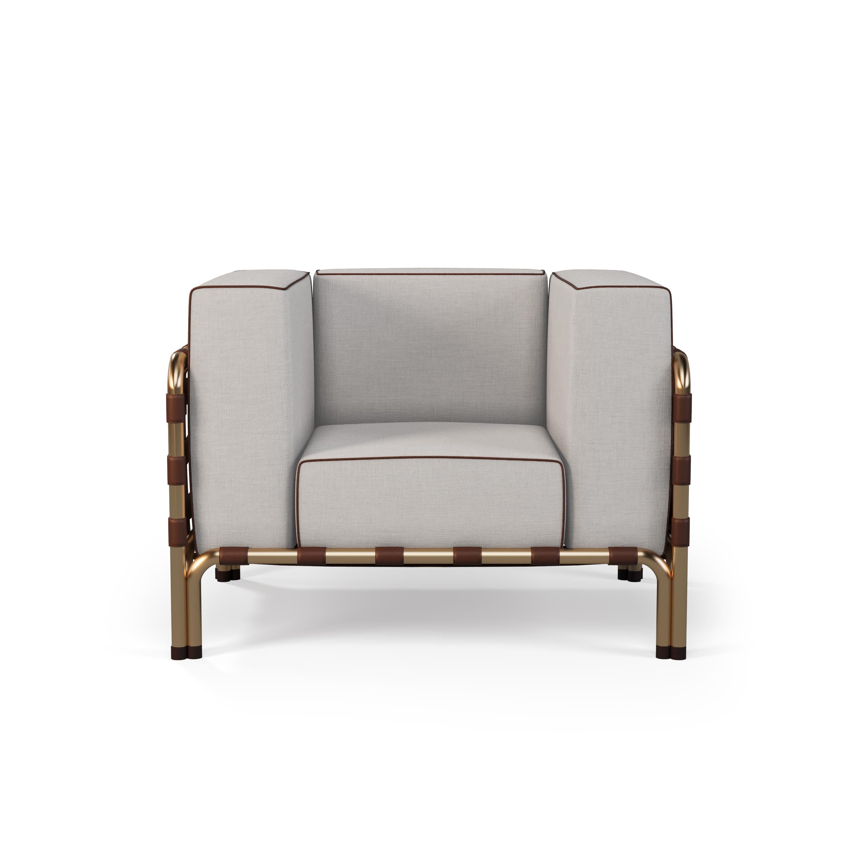 Stainless Steel Outdoor Armchair with Weather-Resistant Fabric and Leather Accents For Sale