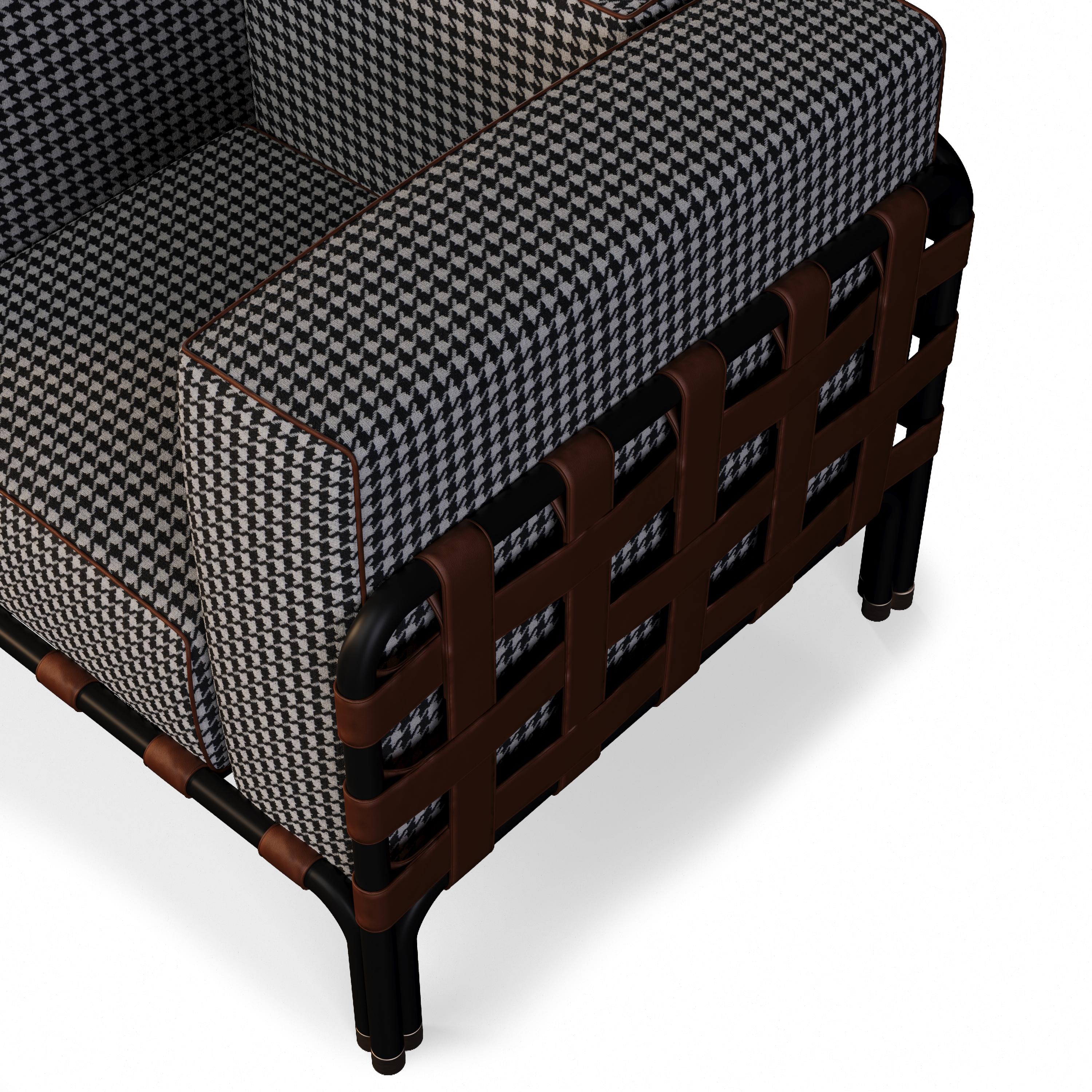 Modern Outdoor Armchair With Patterned Fabric and Leather Details For Sale