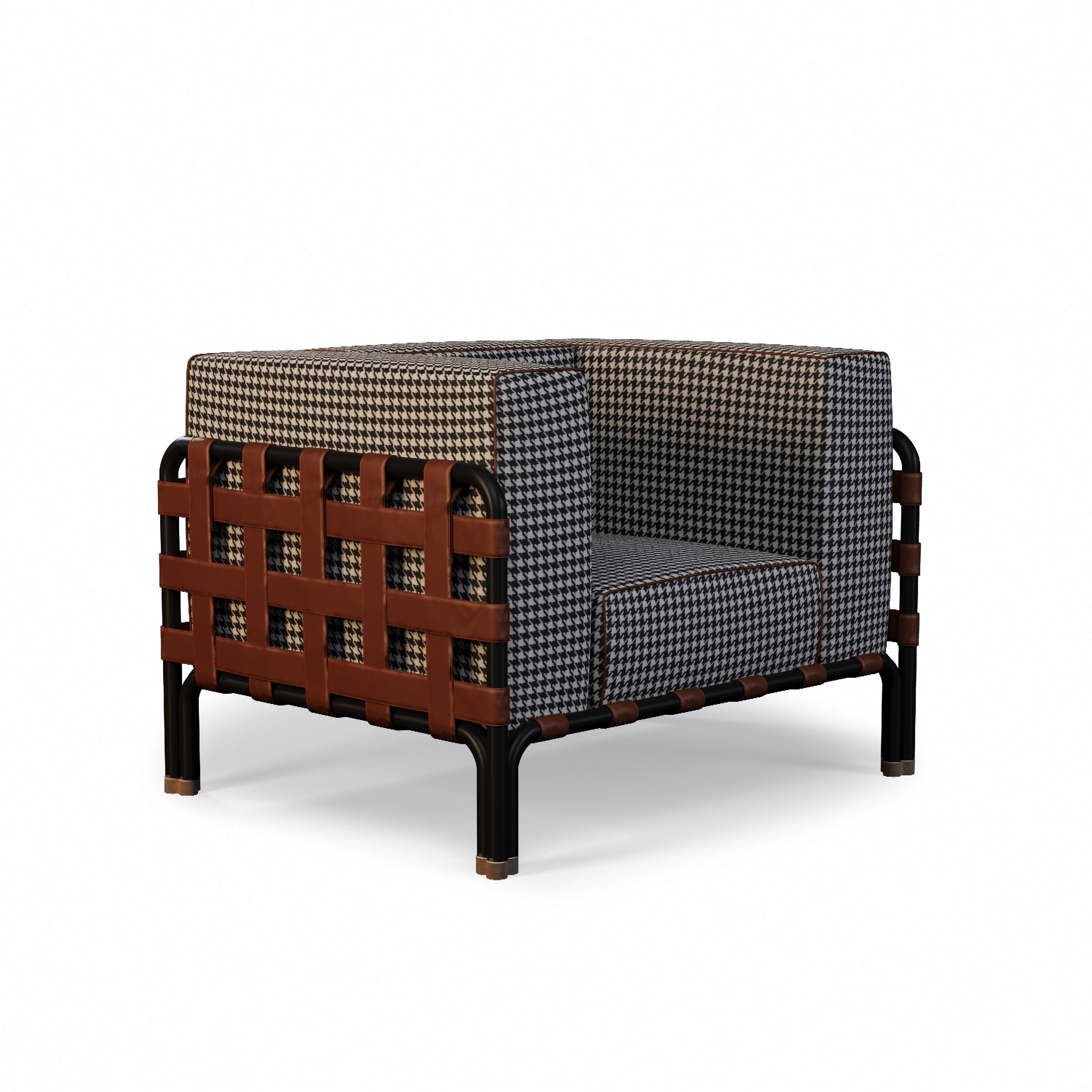 Portuguese Outdoor Armchair With Patterned Fabric and Leather Details For Sale