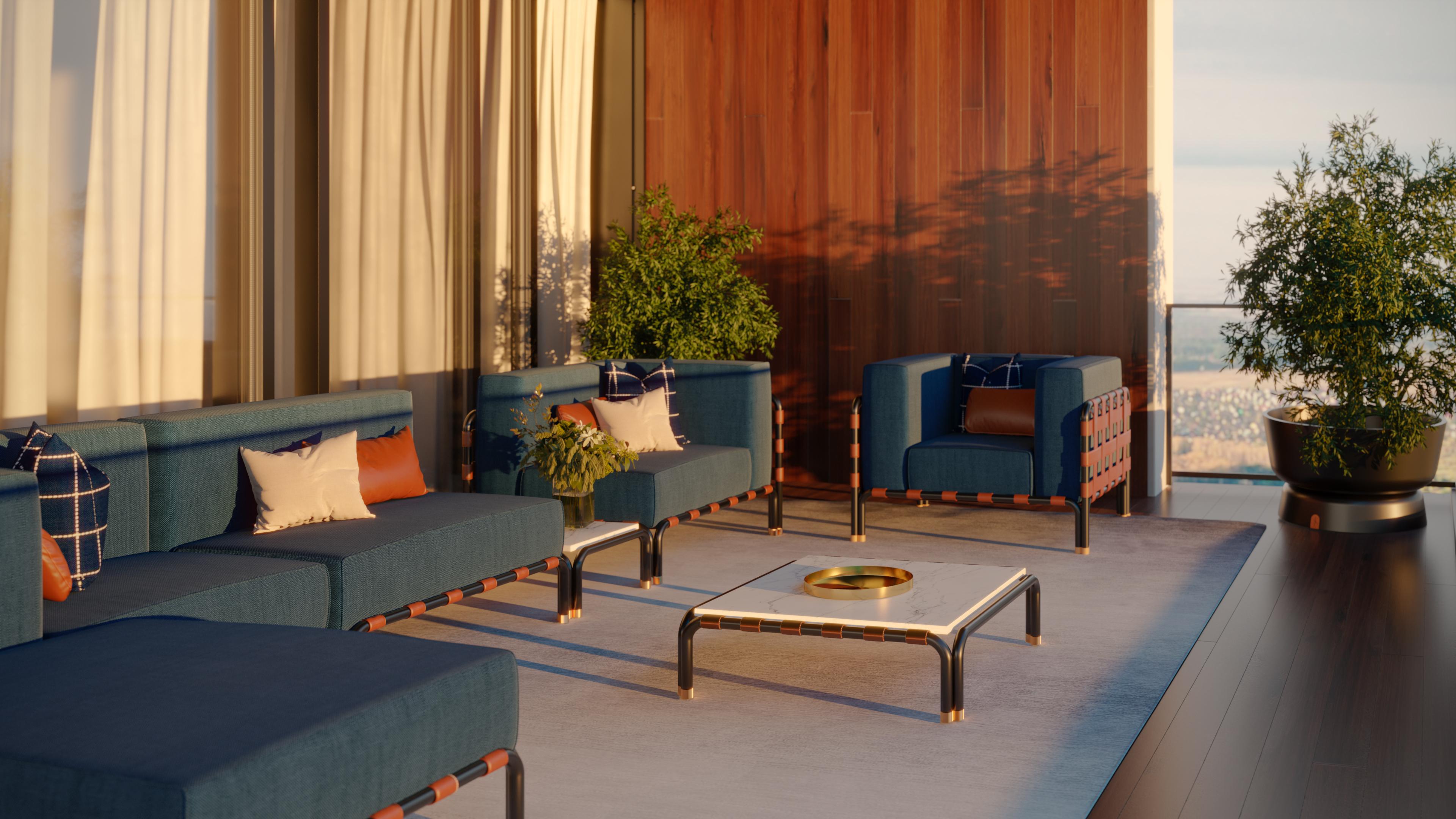 Contemporary Outdoor Armchair With Patterned Fabric and Leather Details For Sale