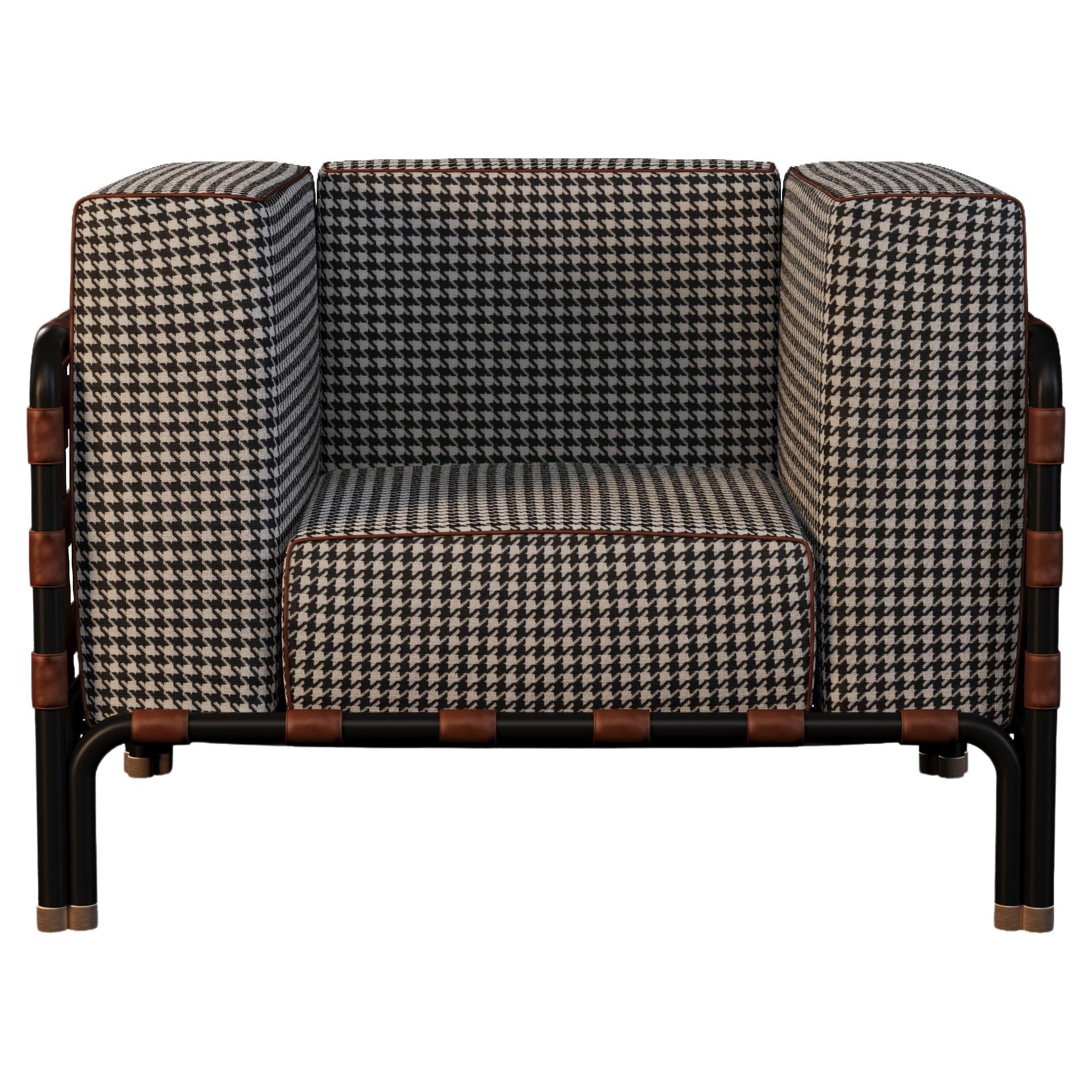 Outdoor Armchair With Patterned Fabric and Leather Details