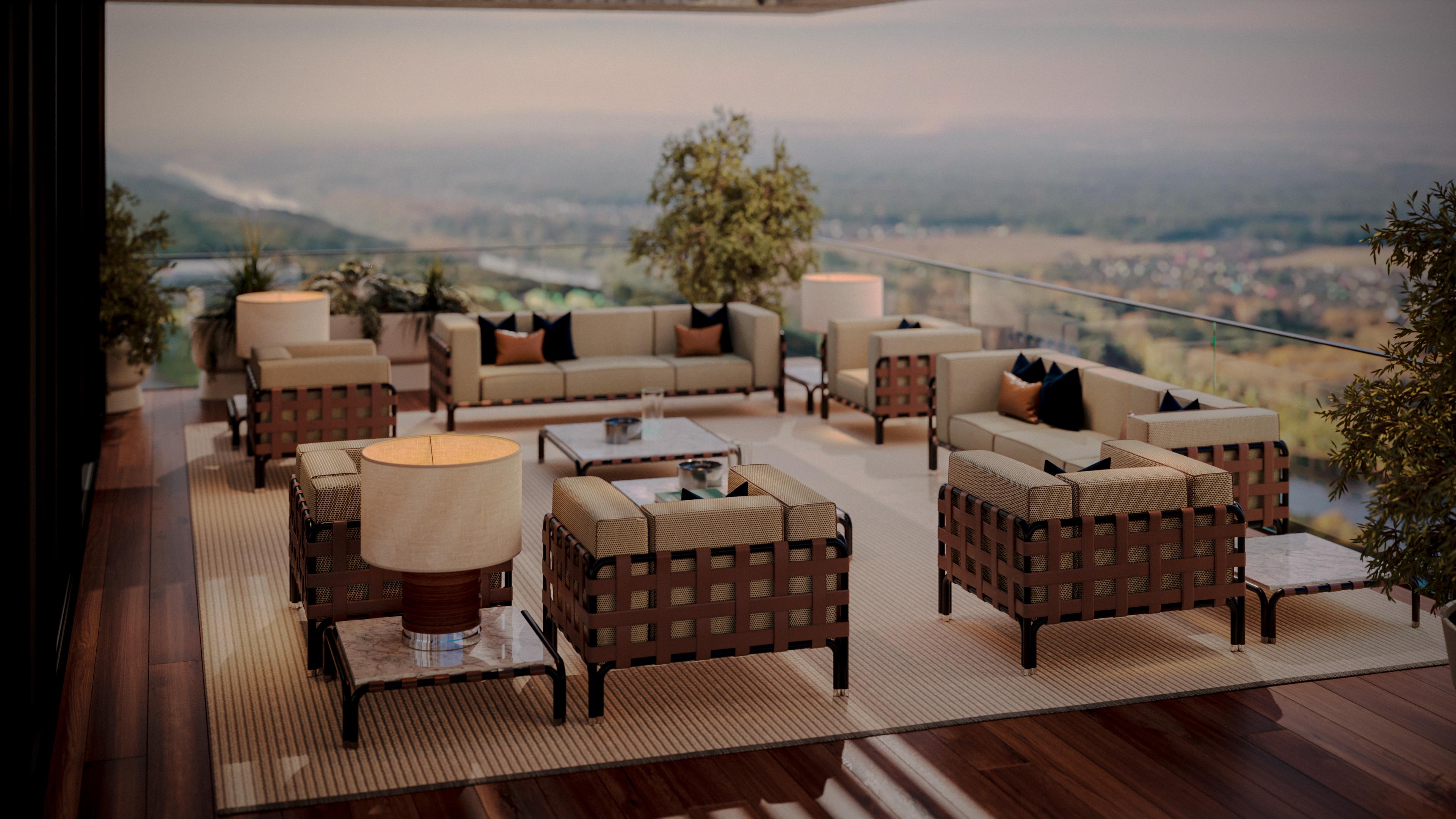 Outdoor Armchair with Weather-Resistant Fabric and Leather Accents For Sale 1