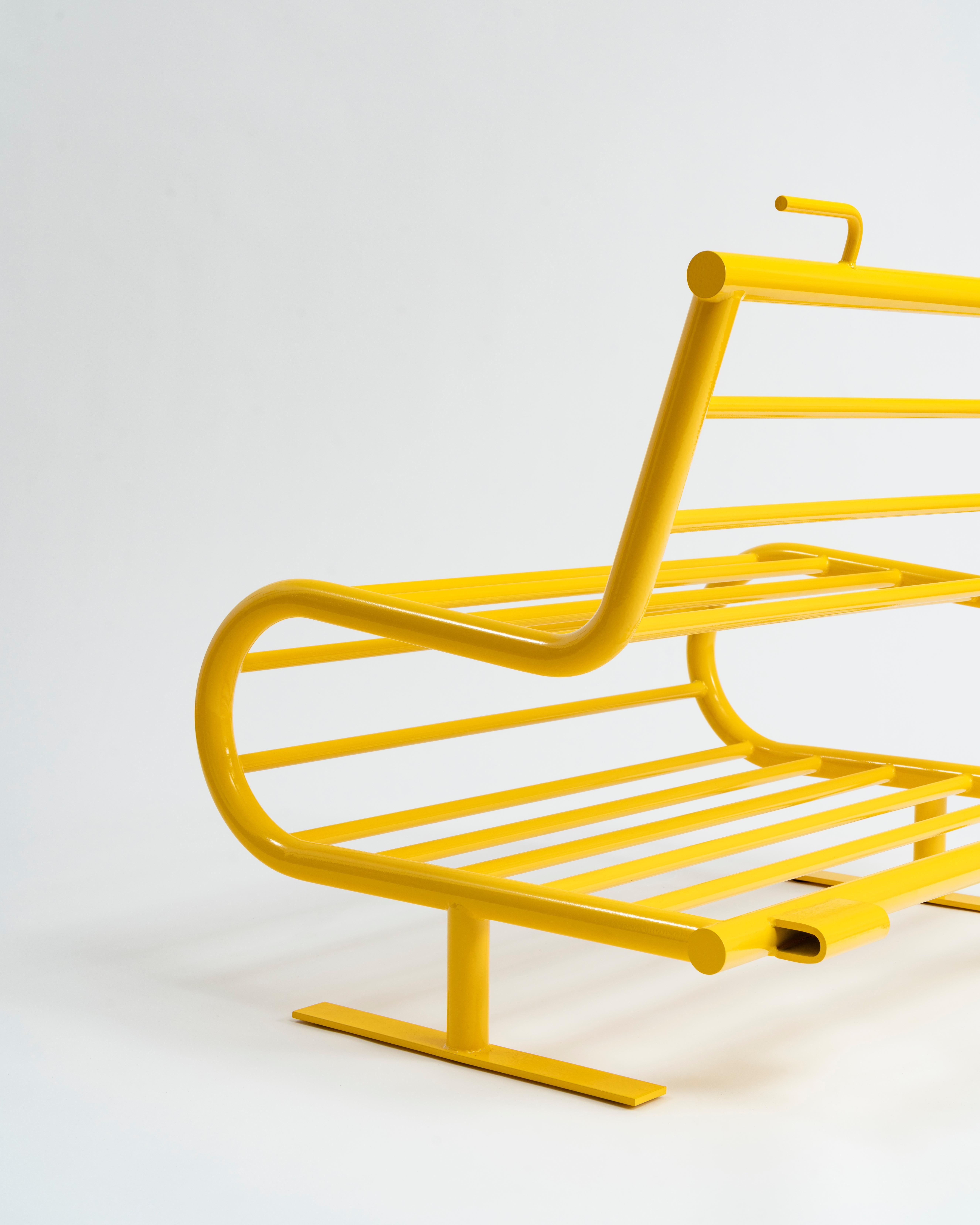 American Outdoor Bench for Two in Sunshine Yellow Tubular Steel For Sale
