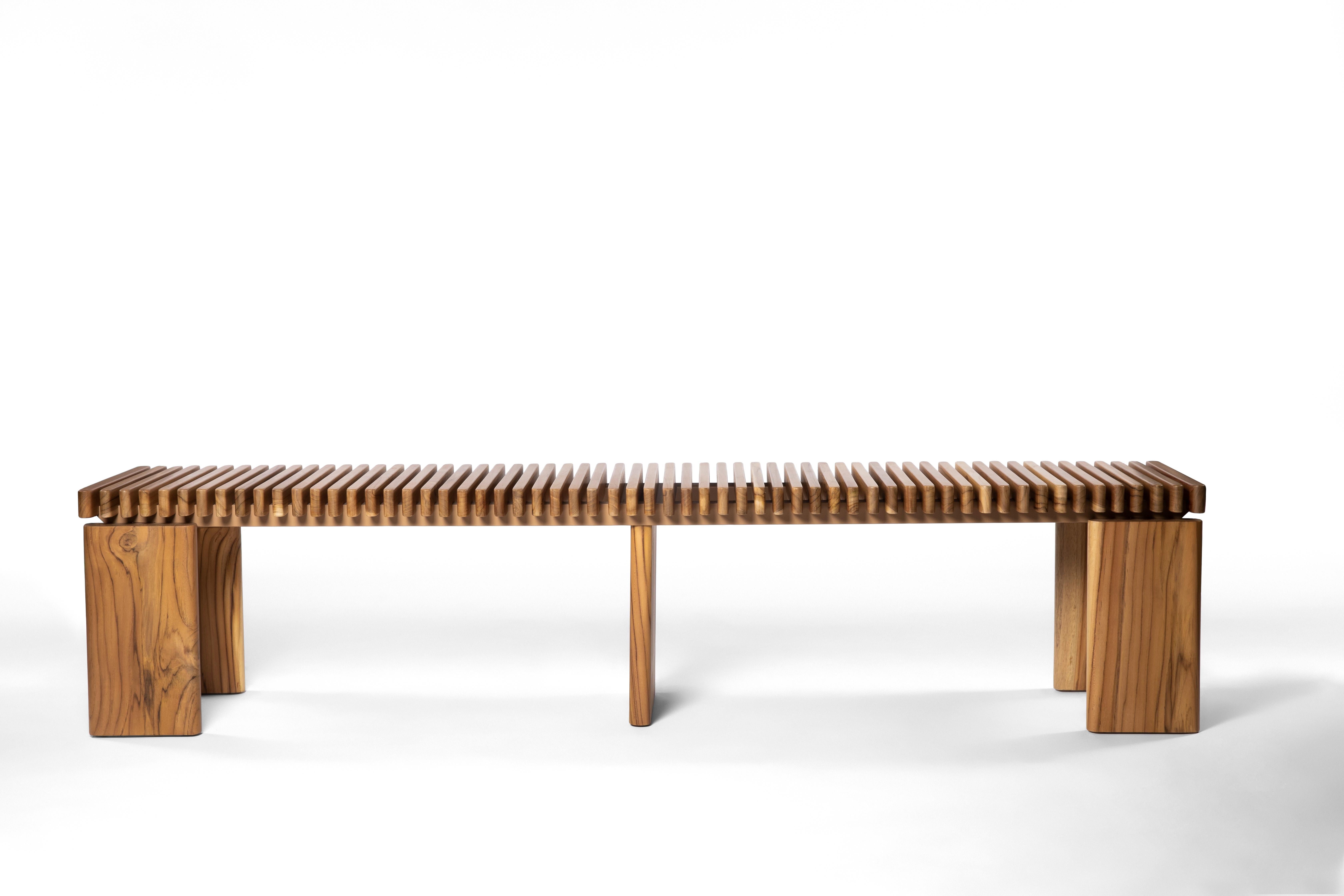 Designed by the Brazilian architect Ricardo Bello Dias for +55design, the Bello outdoor bench is a refined expression of simplicity and harmony. Crafted from premium solid teak, it is built to endure the elements with grace, making it ideal for