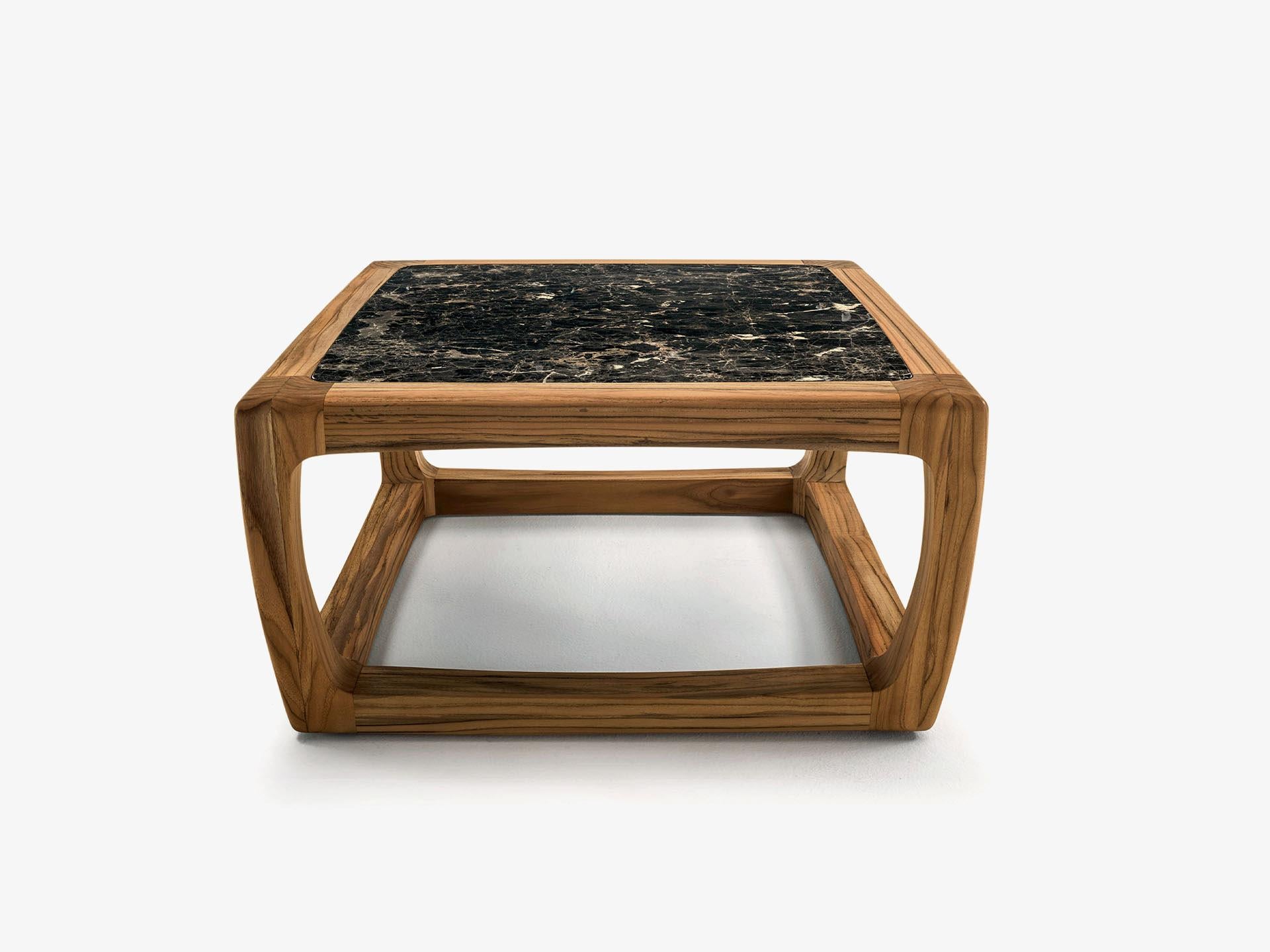Side table with structure made of solid teak wood, turned, assembled and sanded completely by hand, combined with a recessed marble top.
    