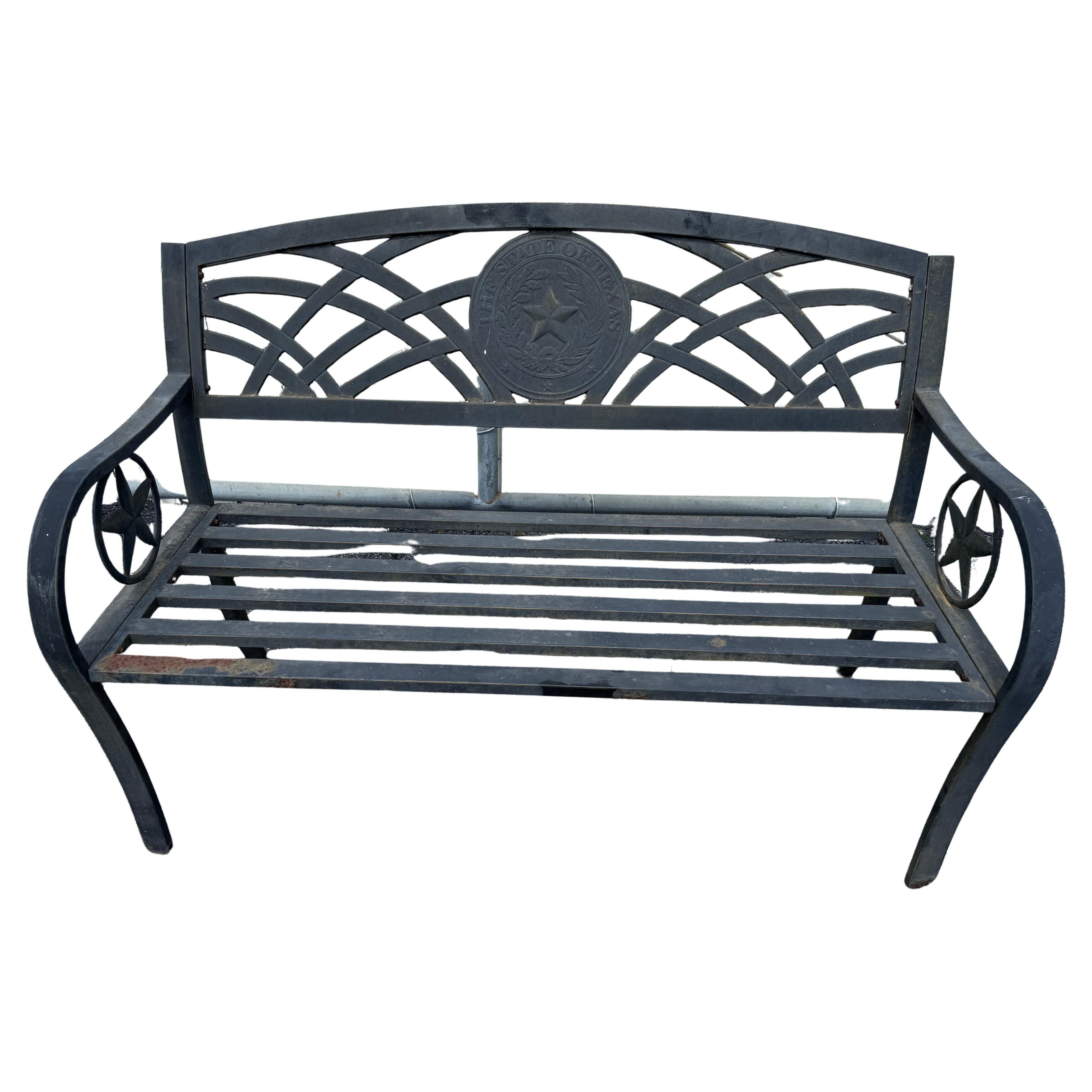 Panchina da esterno in alluminio fuso con sigillo dello Stato del Texas
