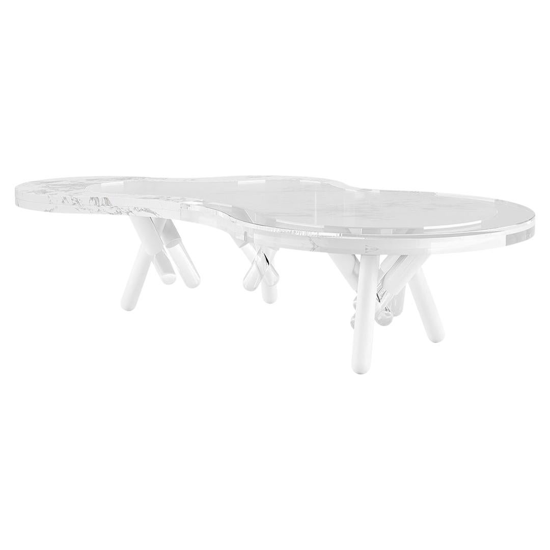 Table basse d'extérieur en acier inoxydable et plateau en marbre de Carrare