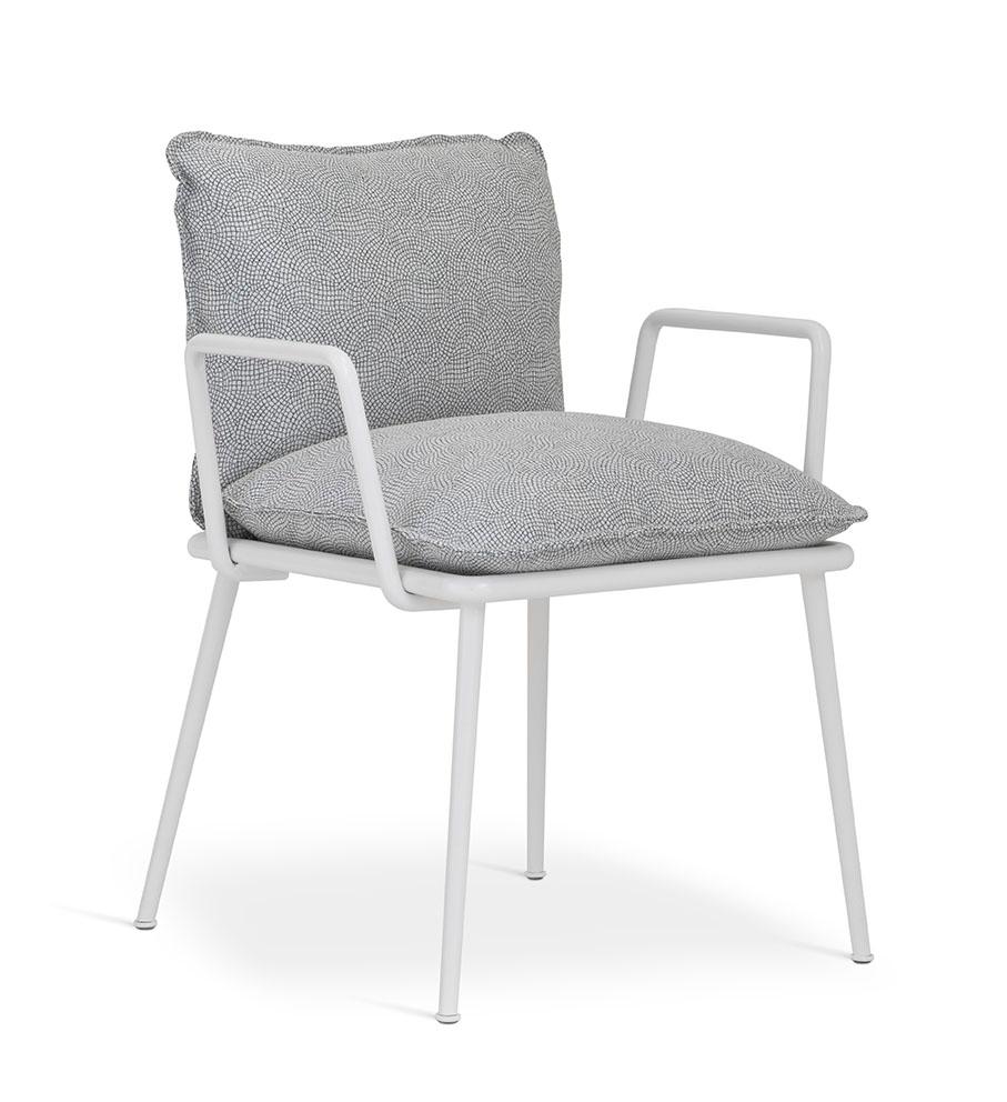 Lightweight outdoor chair with armrests, inspired by one of Sicily's most intriguing islands. Made of matt white aluminum and cushions in differentiated density polyurethane foam, recyclable polyester fiber, and water-repellent cotton. The cotton