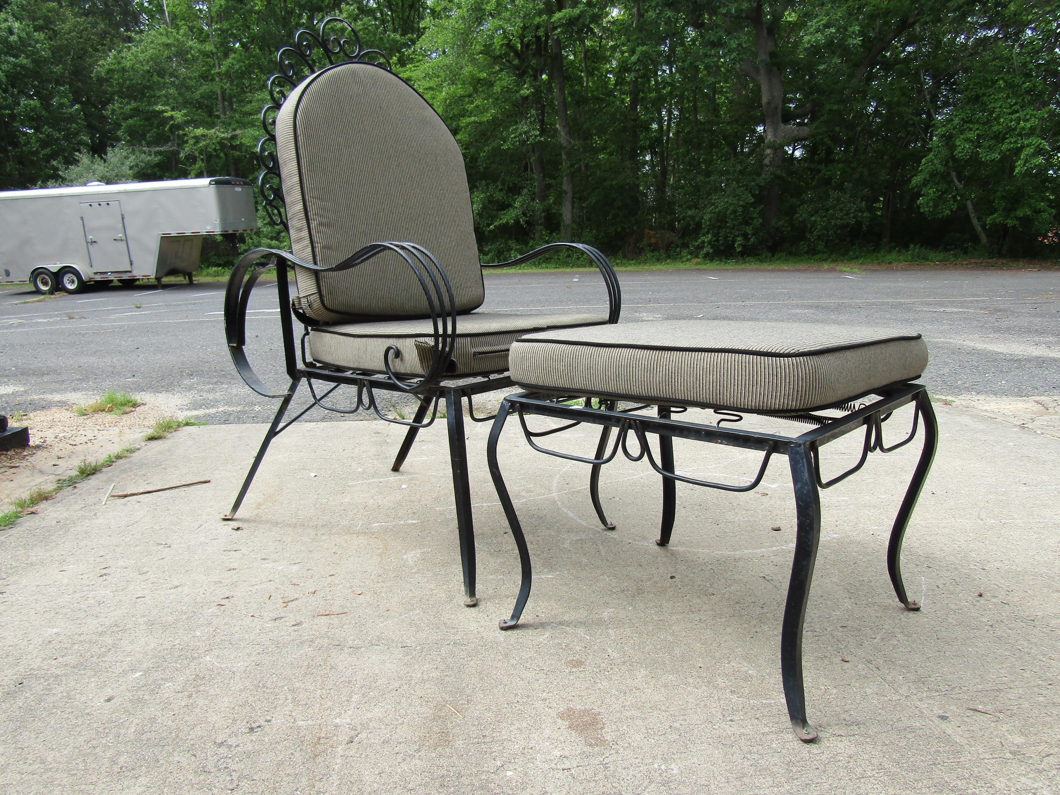 This outdoor set of lounge chair and ottoman are a great addition to any outdoor space, with interesting curving metal forms composing its frame. Please confirm item location with seller (NY/NJ). 