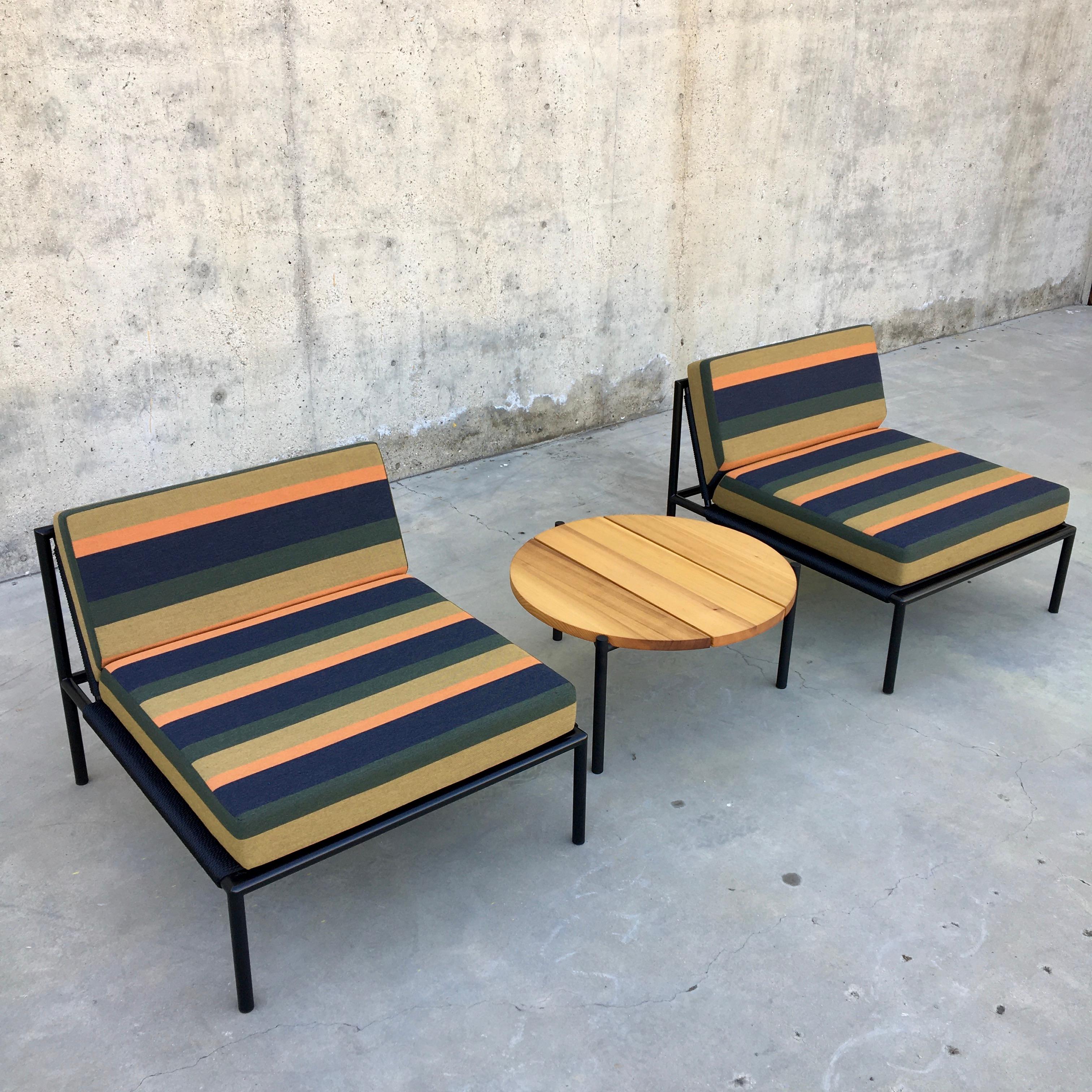 Contemporary Outdoor Chair Armless Stainless Steel Powder Coated Black + Black Cording For Sale