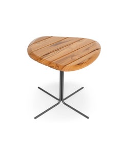 Outdoor Coffee Side Table in Solid Teak, Brown Metal Base, Modern Patio Accent