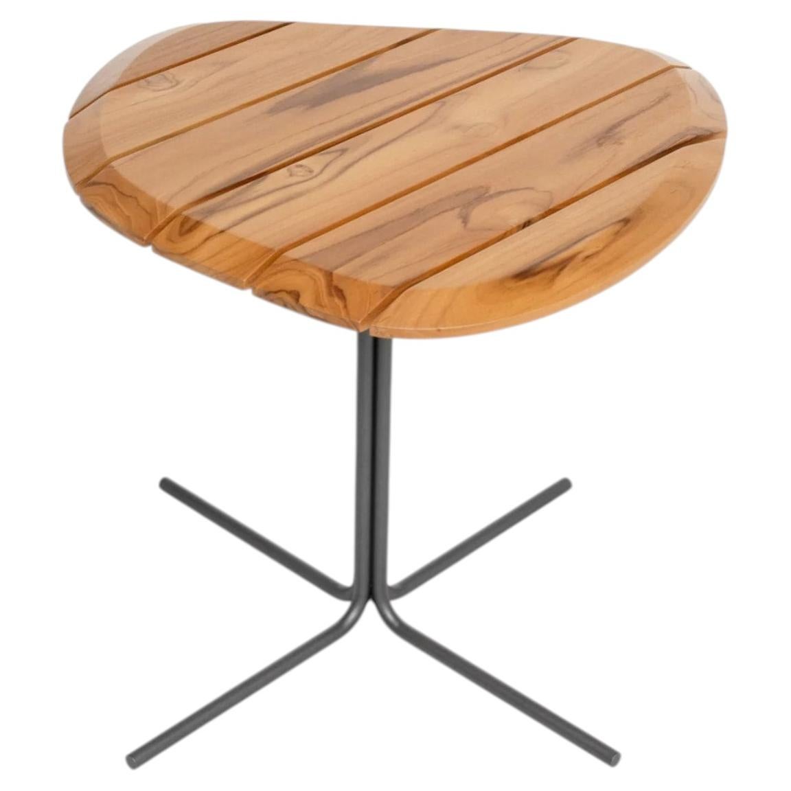 Outdoor Coffee Side Table in Solid Teak, Brown Metal Base, Modern Patio Accent For Sale