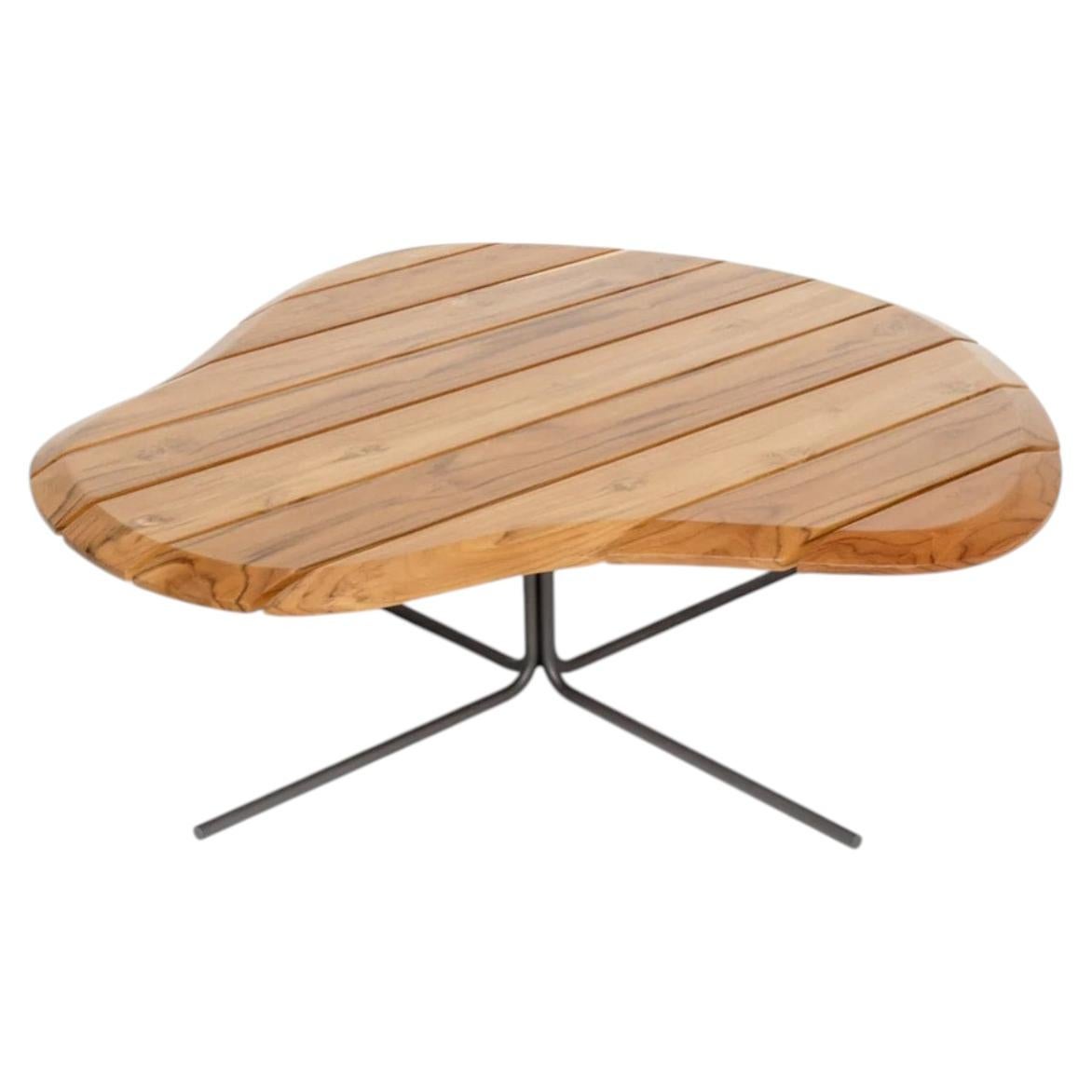 Mesa auxiliar de exterior de teca maciza, base de metal marrón, elemento decorativo moderno para patio