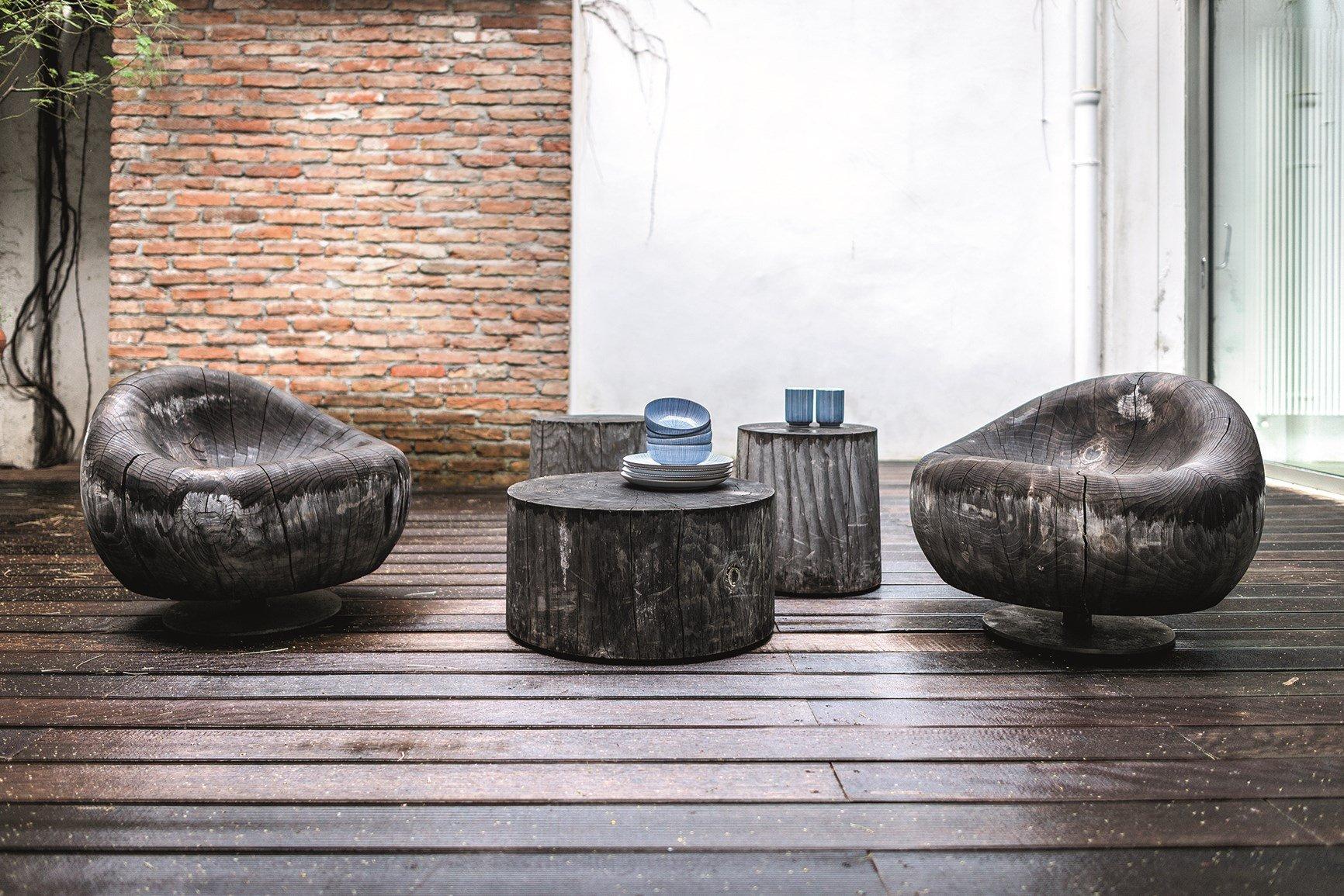 Hand-Crafted Outdoor Coffee Table Carved From A Single Block Of Scented Cedar, Vulcano Finish For Sale