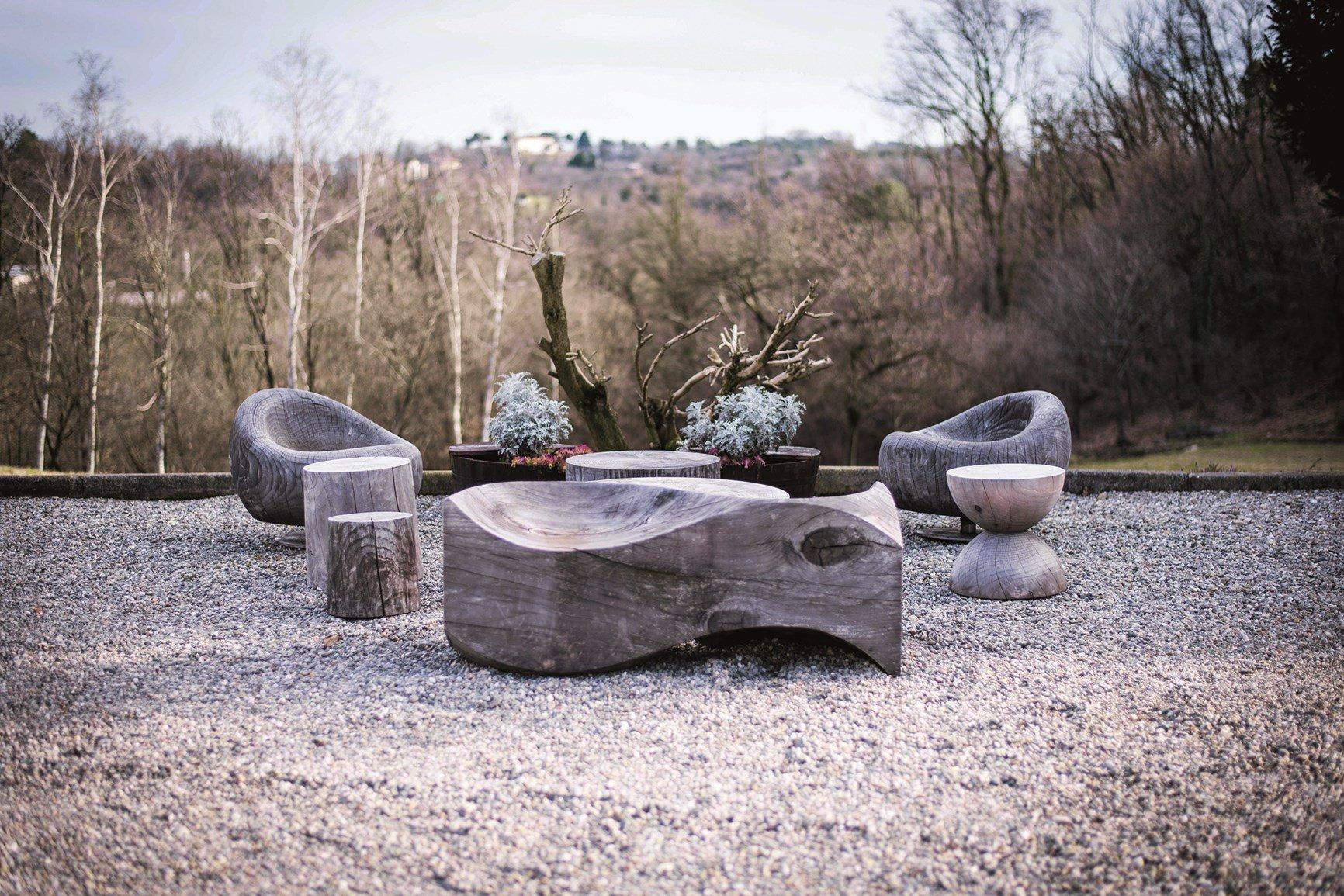 Outdoor Coffee Table Carved From A Single Block Of Scented Cedar, Vulcano Finish In New Condition For Sale In NEW YORK, NY