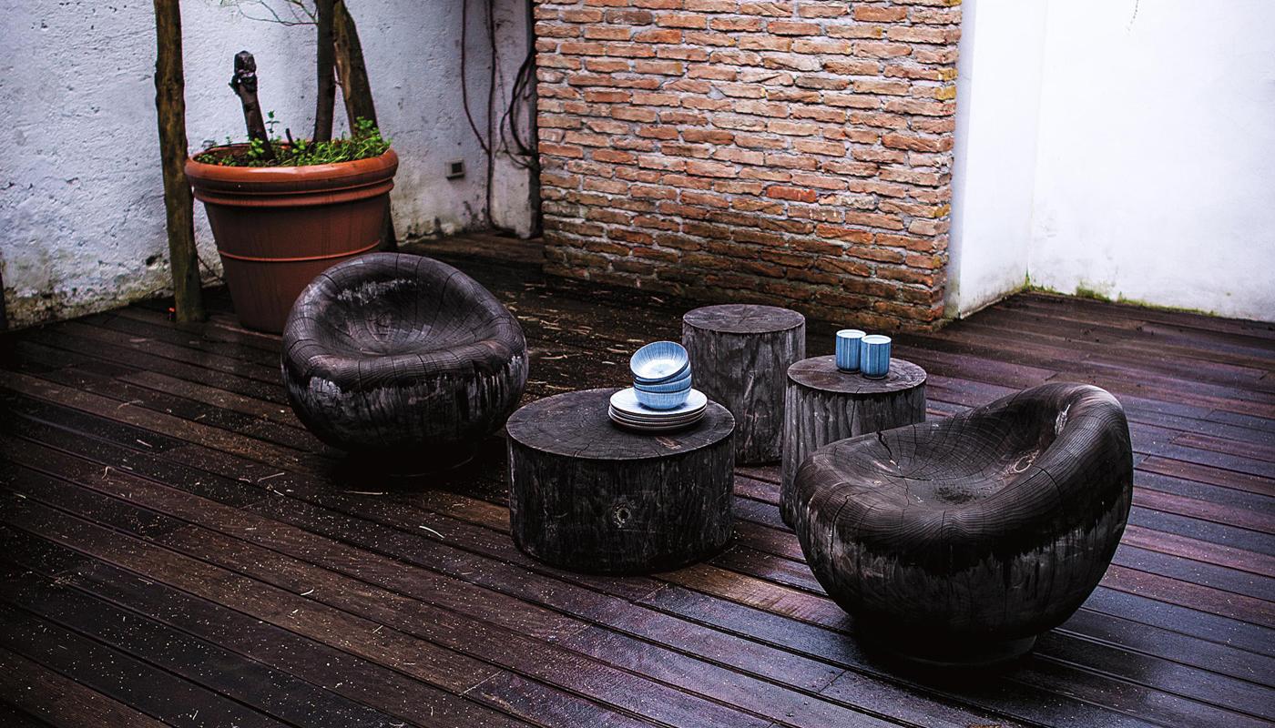 Contemporary Outdoor Coffee Table Carved From A Single Block Of Scented Cedar, Vulcano Finish For Sale