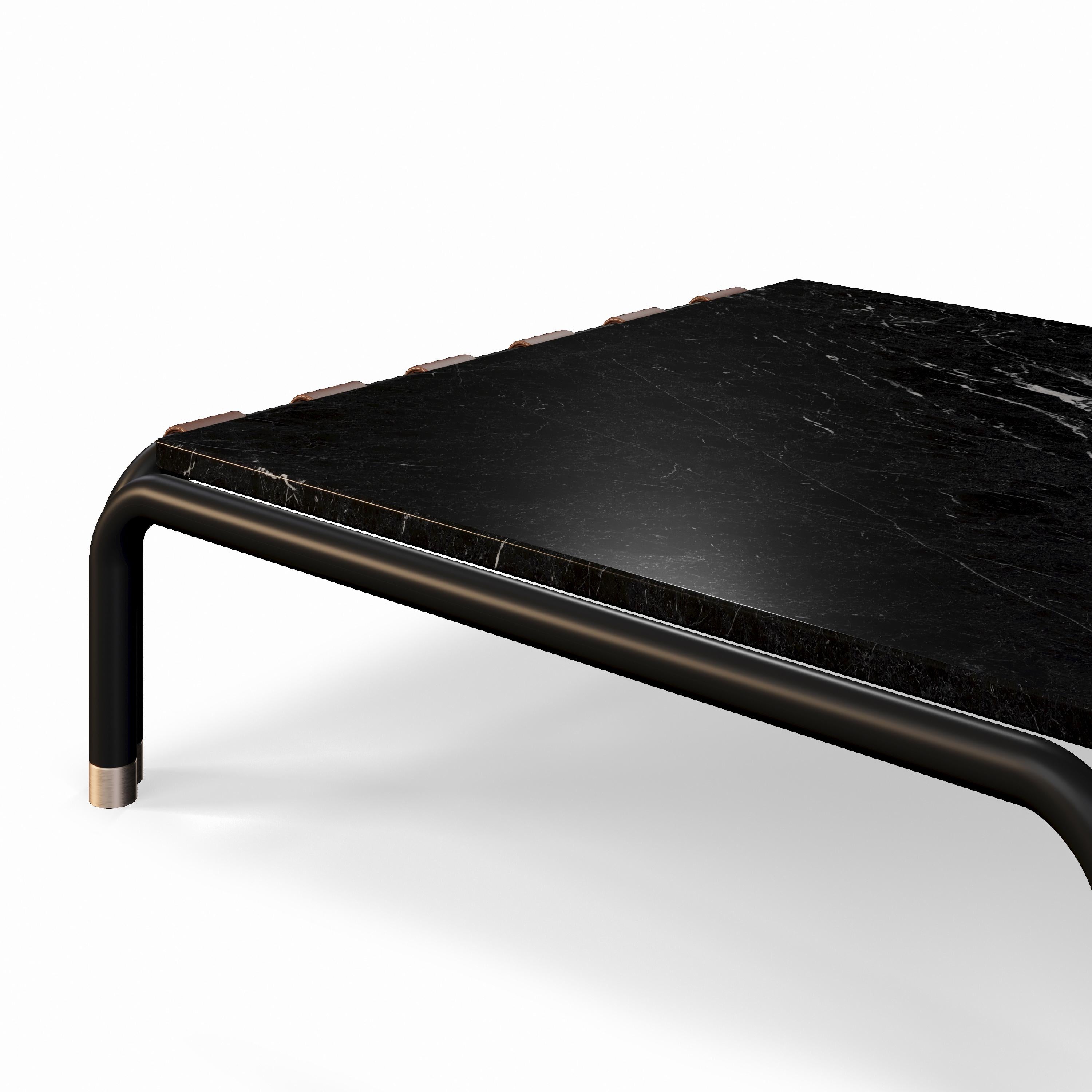 Modern Outdoor Coffee Table with Marble Top and Leather Straps For Sale