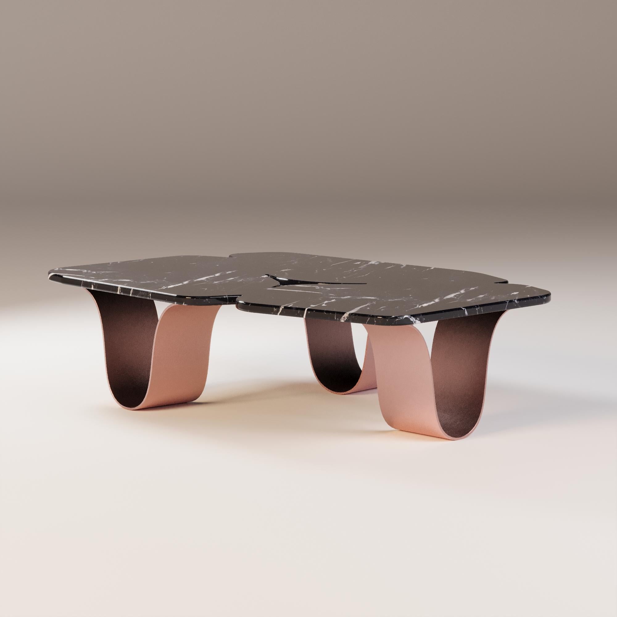 Modern Patio Coffee Table with Nero Marquina Marble Top and Copper Legs For Sale