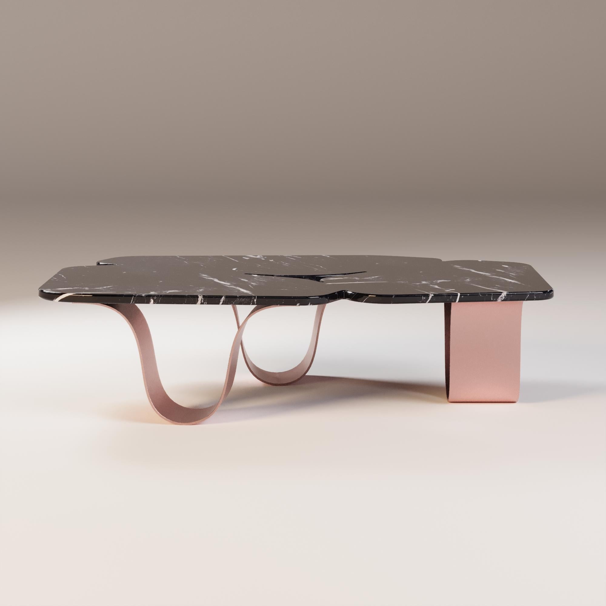 Portuguese Patio Coffee Table with Nero Marquina Marble Top and Copper Legs For Sale