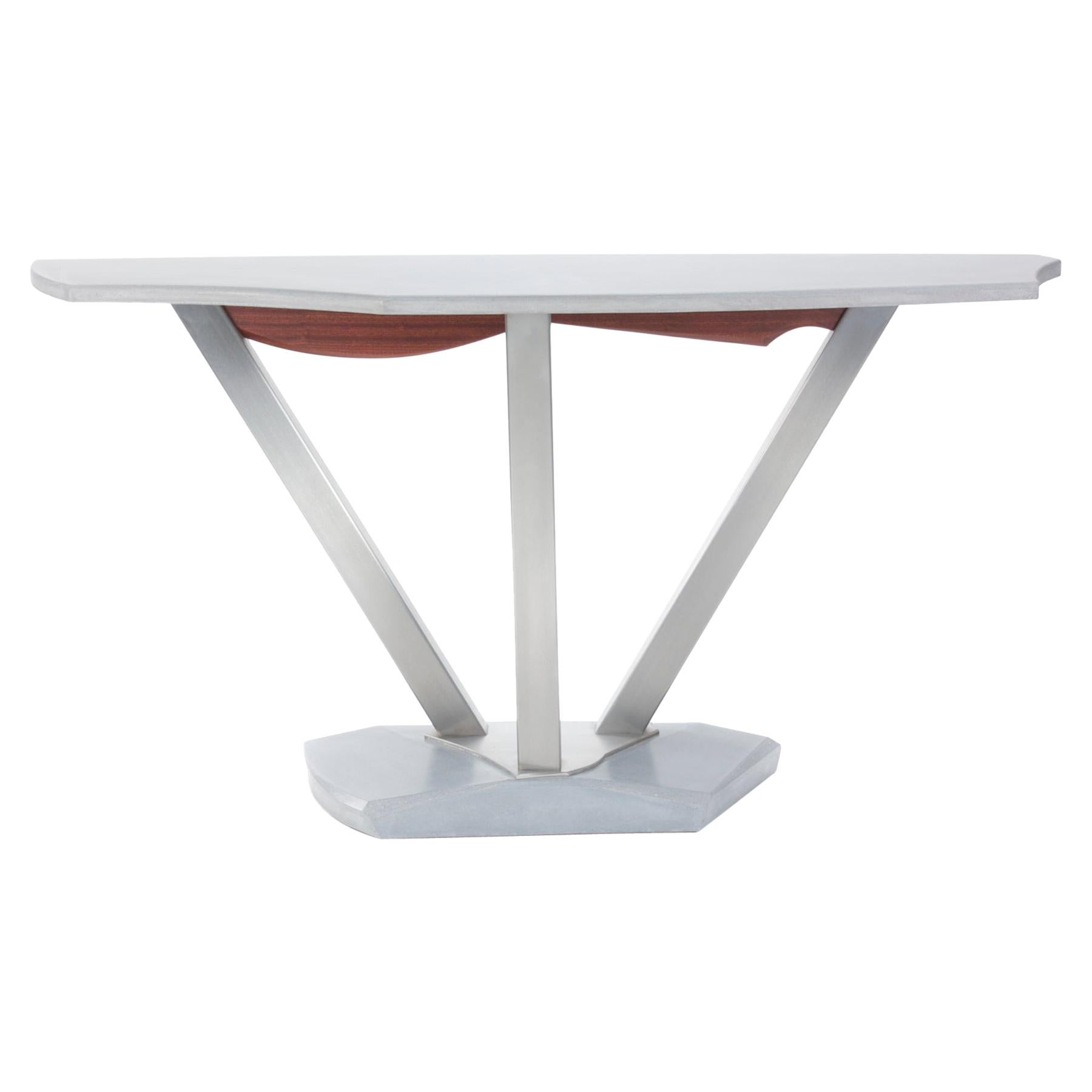 Table console d'extérieur en béton, acier inoxydable et bois de Nico Yektai