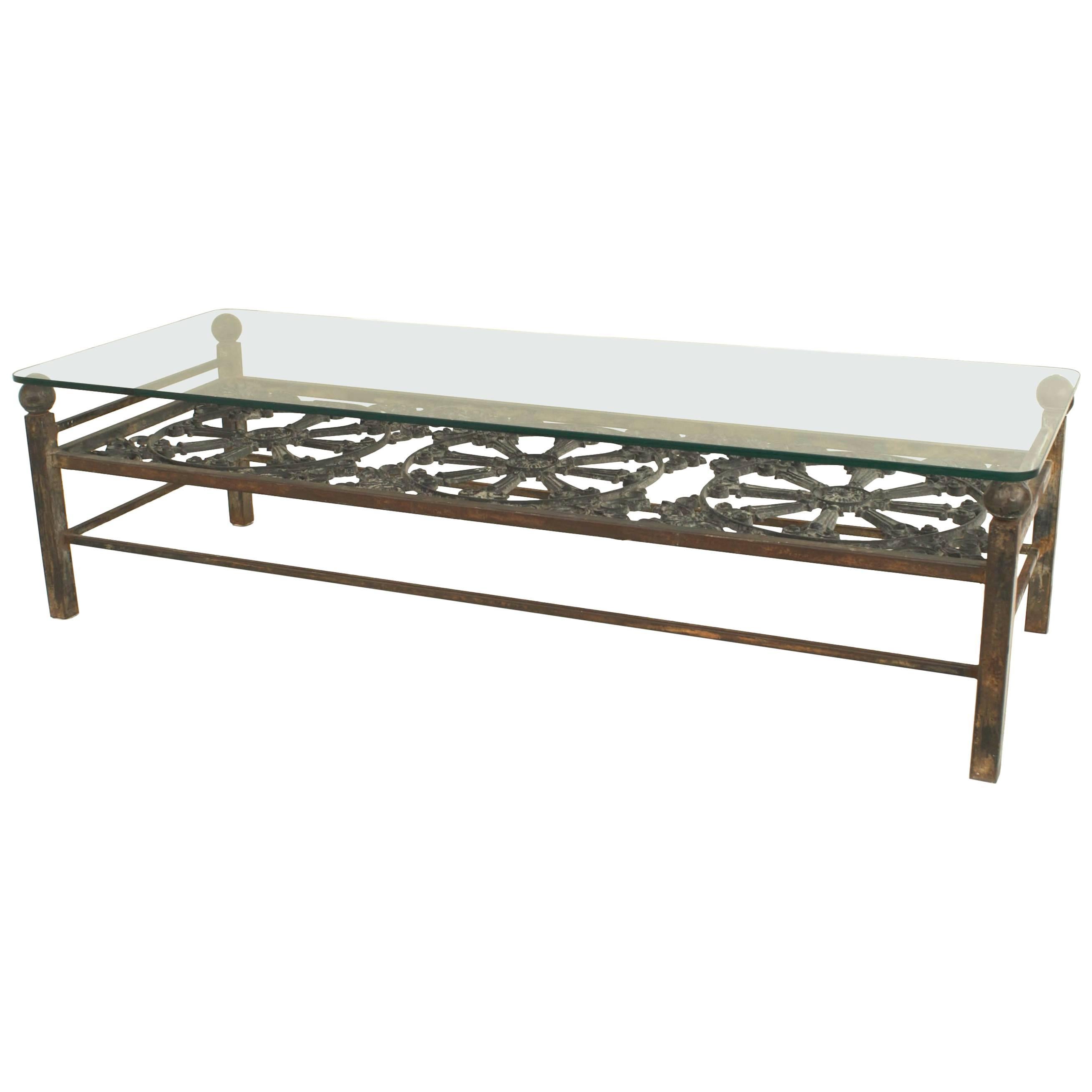 Outdoor Continental Style Iron Filigree and Glass Coffee Table