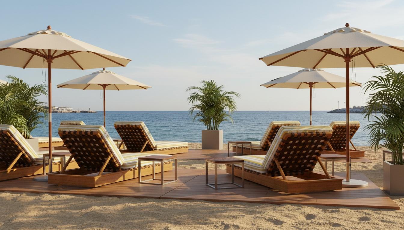 L'ombrellone Corinto, creato in collaborazione con Mediterrazza, riflette l'essenza dell'arredamento di lusso per esterni, con una base in iroko lavorata a mano completata da eleganti dettagli in metallo per garantire resistenza ed eleganza. Il suo