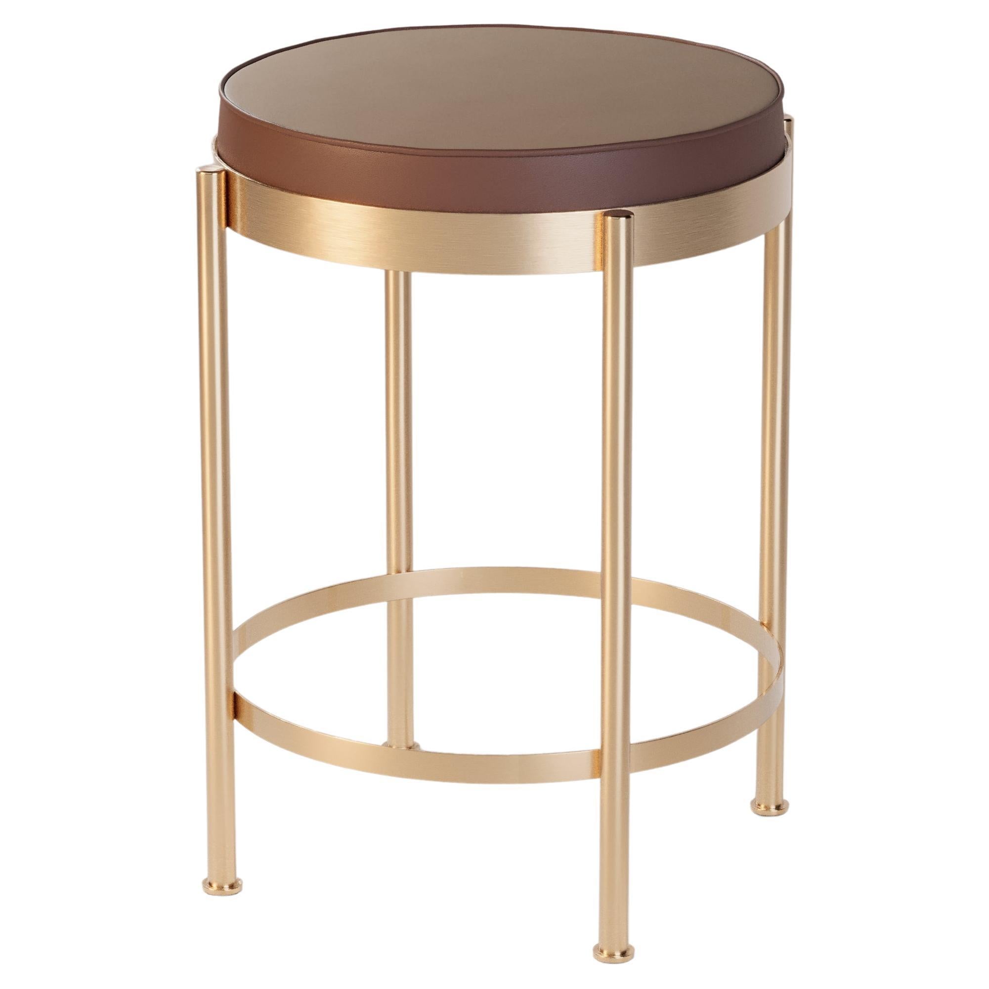 Outdoor Counter Stool Featuring Leather Upholstery and Brushed Gold Frame