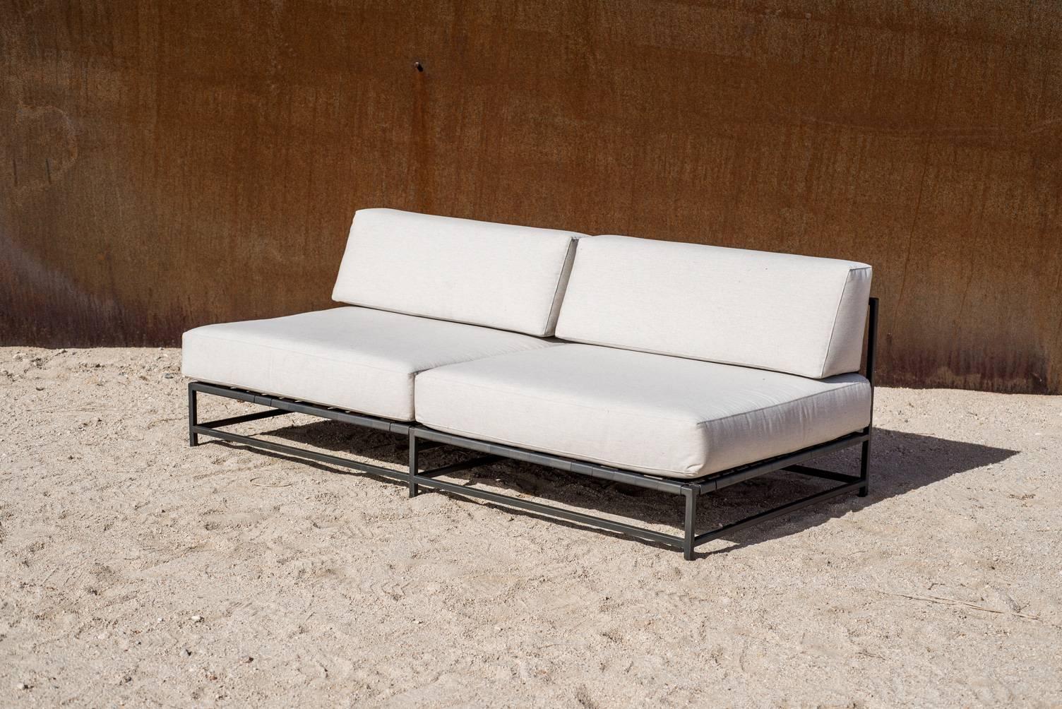 Powder-Coated Outdoor Cream and Charcoal Loveseat For Sale