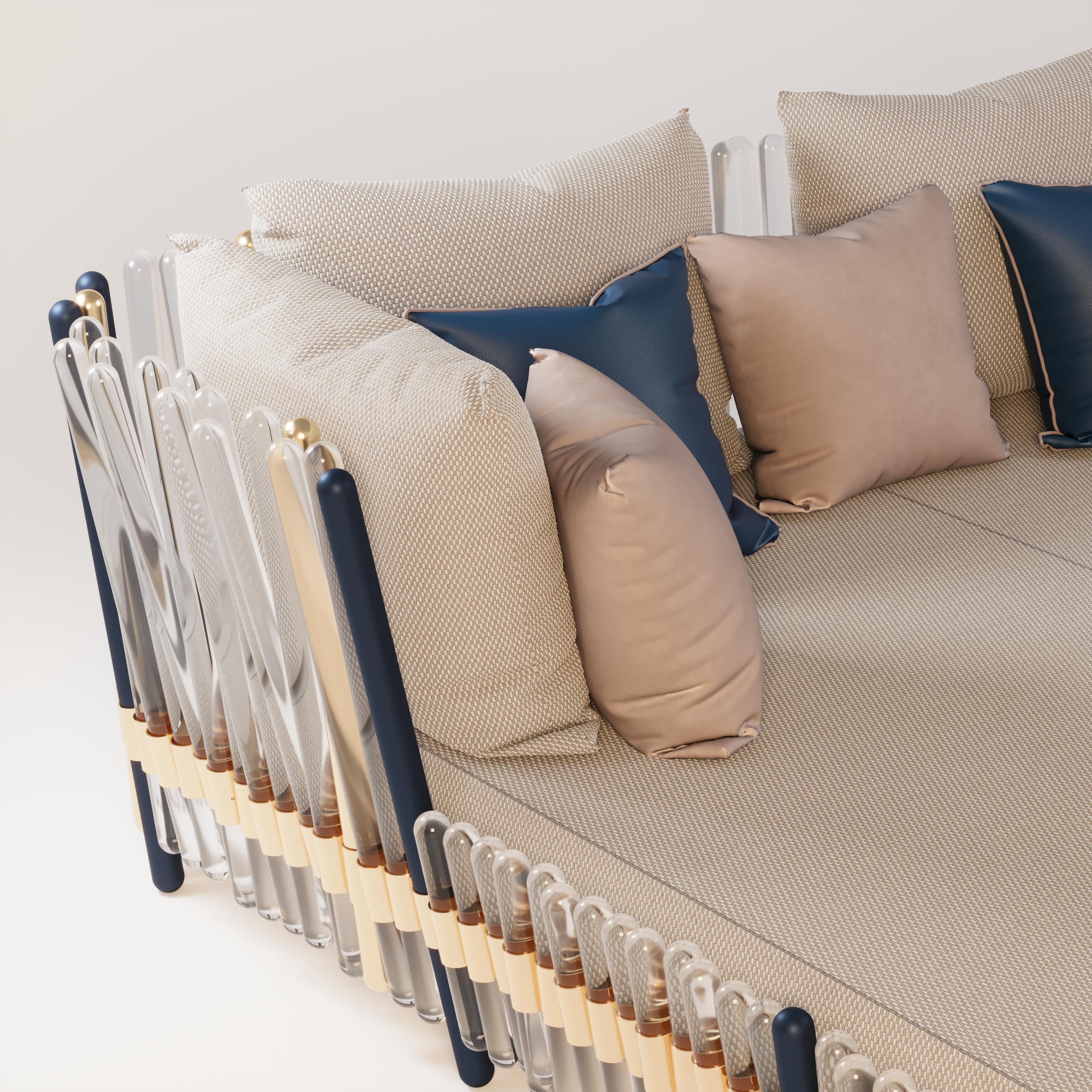 Elegante sofá-cama de exterior Houdini con detalles en azul marino y dorado Siglo XXI y contemporáneo en venta