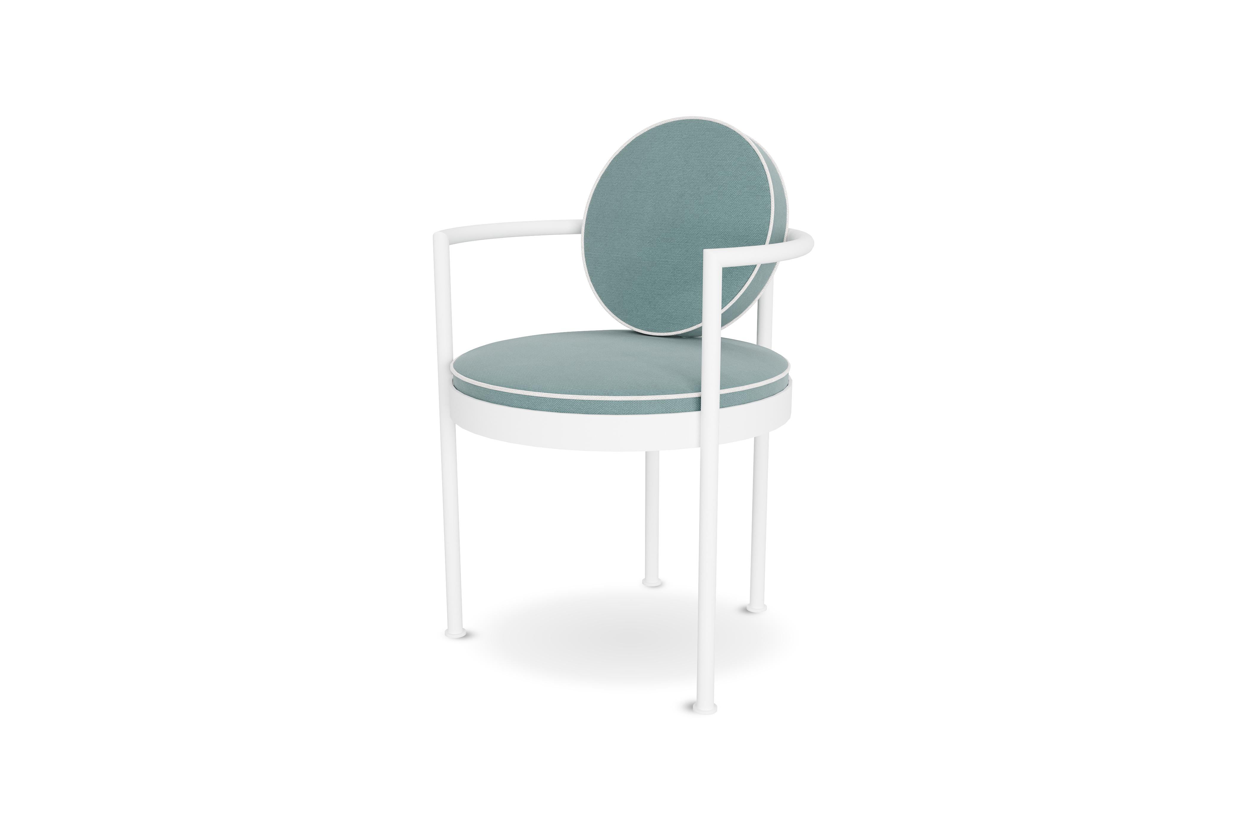Modern Outdoor Dining Armchair in White Stainless Steel with Light Blue Water-Resistant For Sale