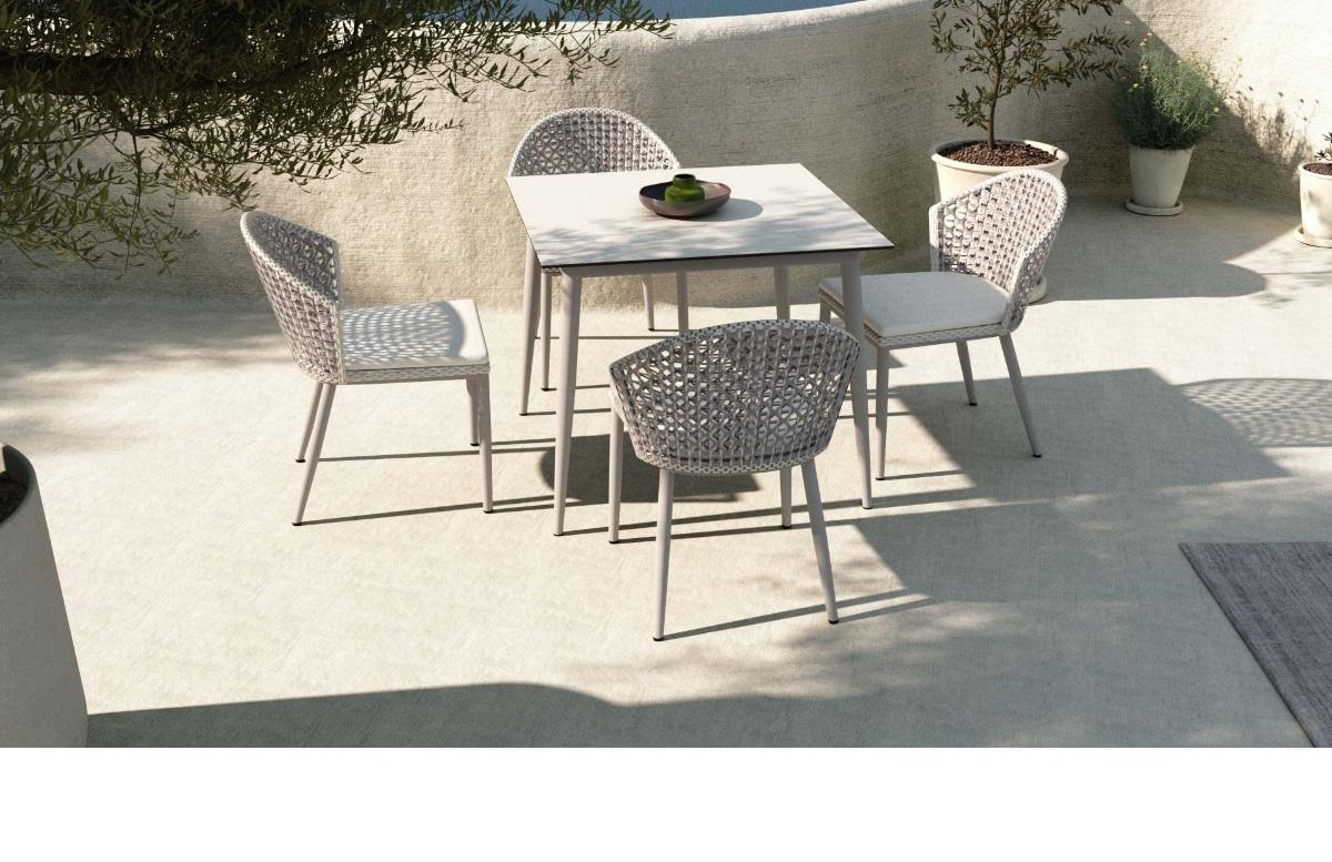 Fabric Outdoor Dining Armchairs in Weather Resistant Wicker / Set of 8 For Sale