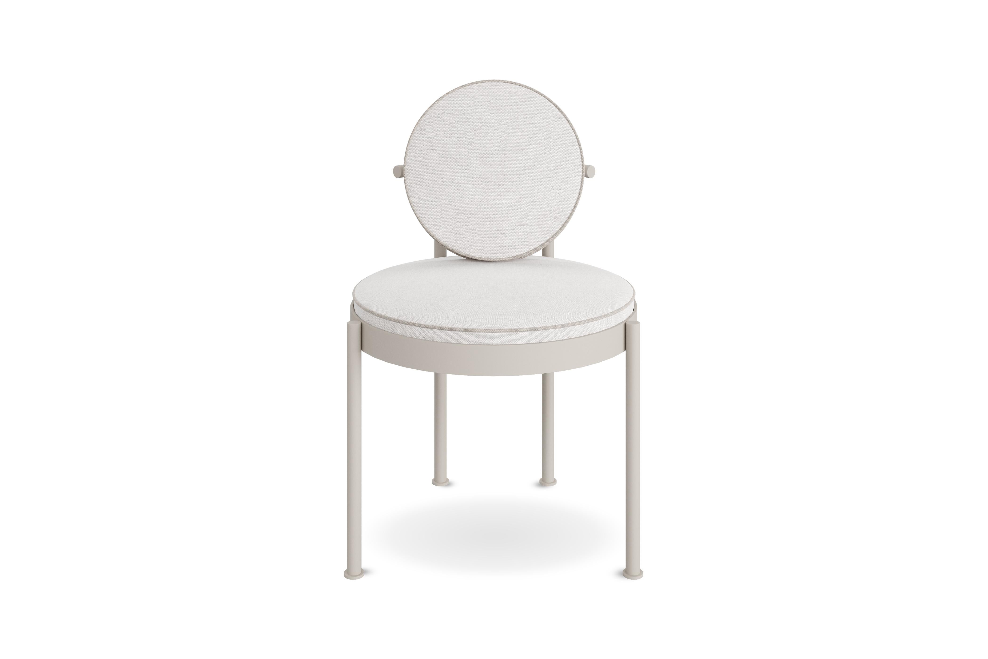 Portugais Chaise de salle à manger d'extérieur en acier inoxydable blanc et tissu imperméable bleu clair en vente