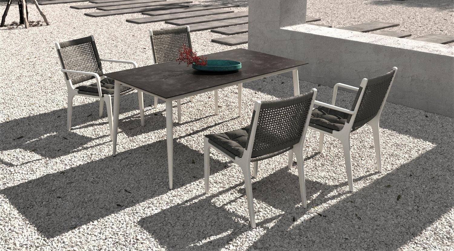 Modern Outdoor Dining Chair with Armrests & Rope Detailing / Set of 6 For Sale