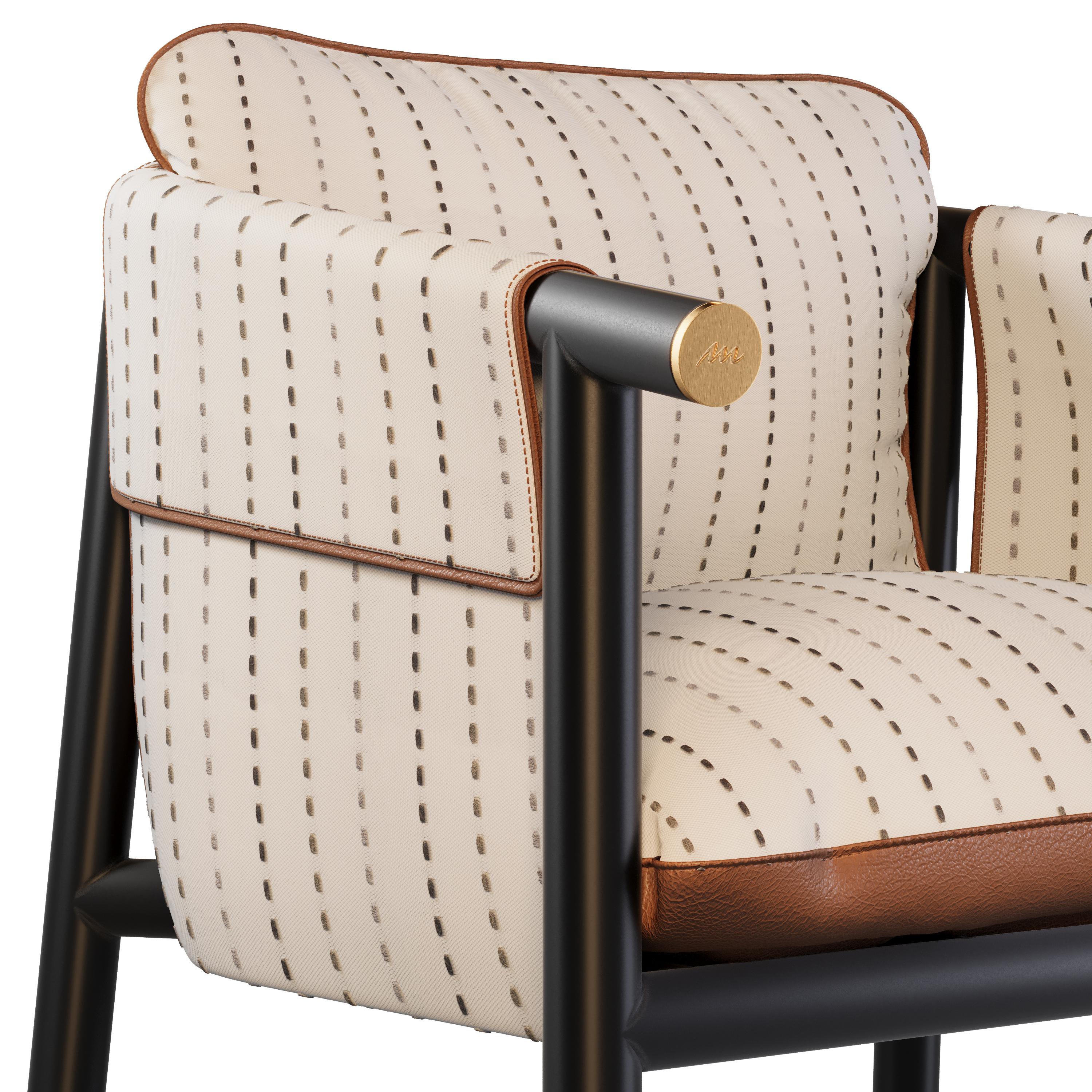 Silla de comedor para exteriores Céline de piel marrón y detalles dorados Acero inoxidable en venta