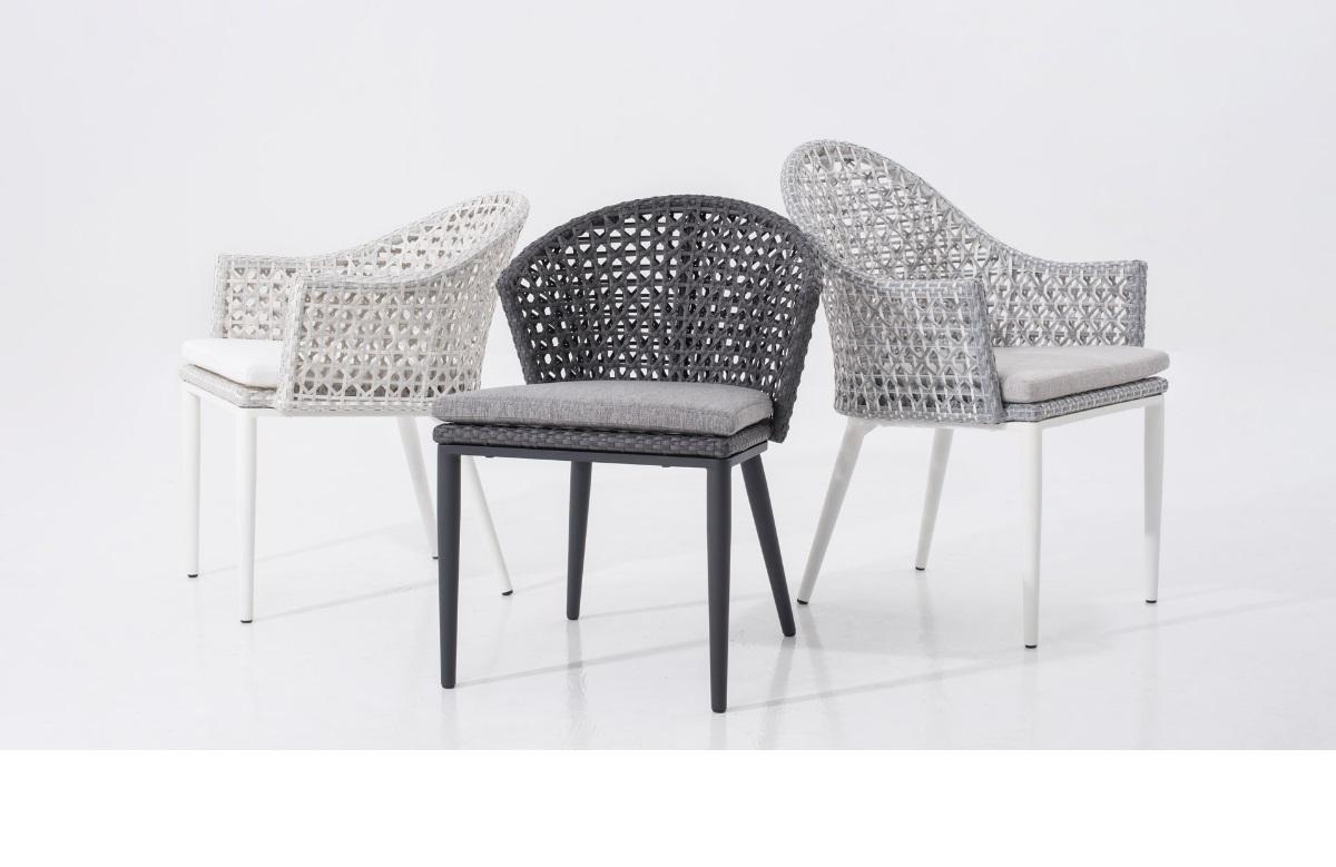 Modern Outdoor Dining Chairs in Seashell Weather Resistant Wicker / Set of 6 For Sale