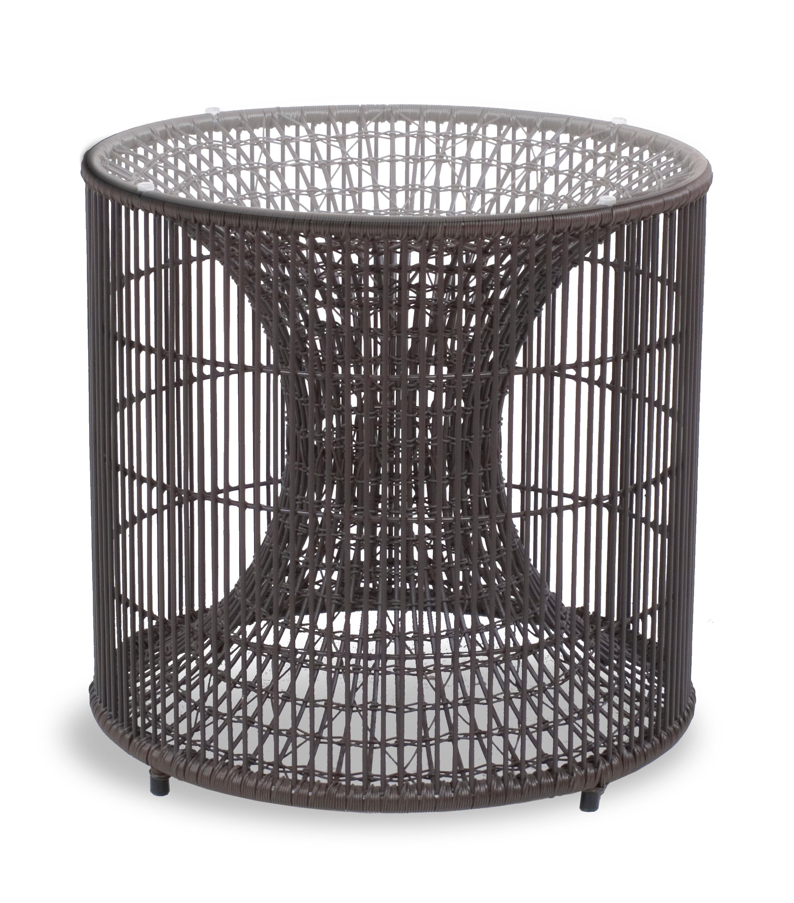 Amaya end table by Kenneth Cobonpue
Materials: Polyethelene. Steel. Glass.
Dimensions: Diameter 51cm x Height 49cm.

Inspired by fish traps, the Amaya tables resemble a vortex enclosed within a cylinder. While the indoor version is crafted with