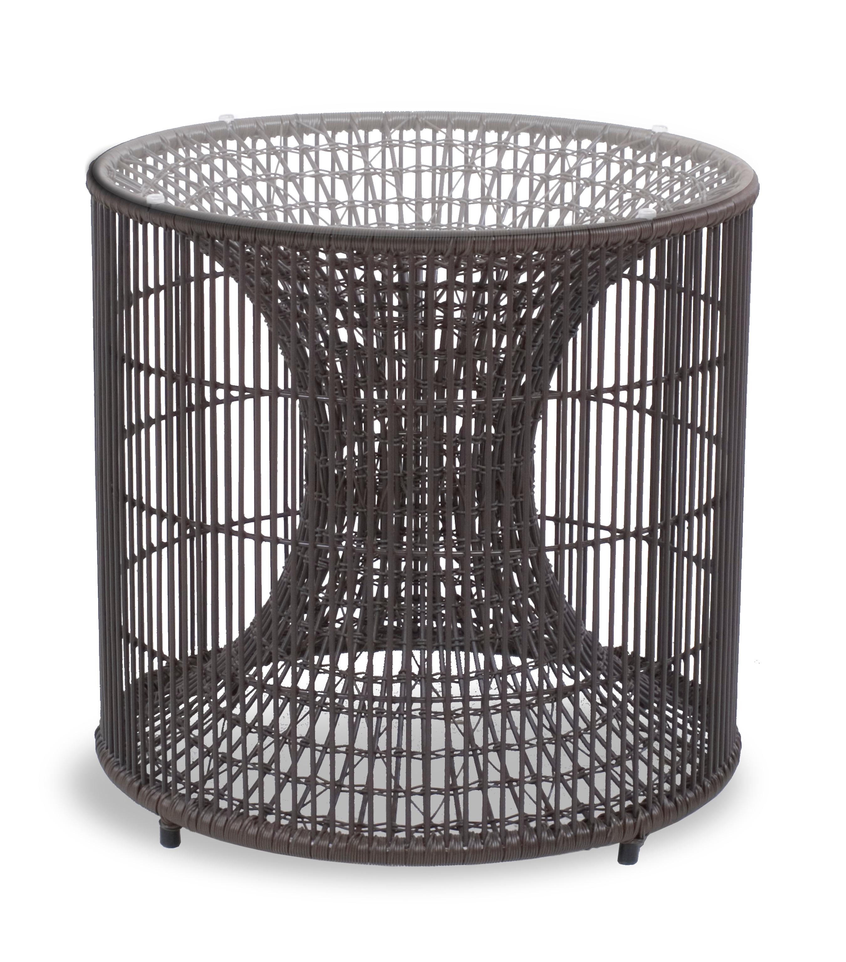 Amaya end table by Kenneth Cobonpue
Materials: Polyethelene. Steel. Glass.
Dimensions: diameter 51cm x height 49cm.

Inspired by fish traps, the Amaya tables resemble a vortex enclosed within a cylinder. While the indoor version is crafted with