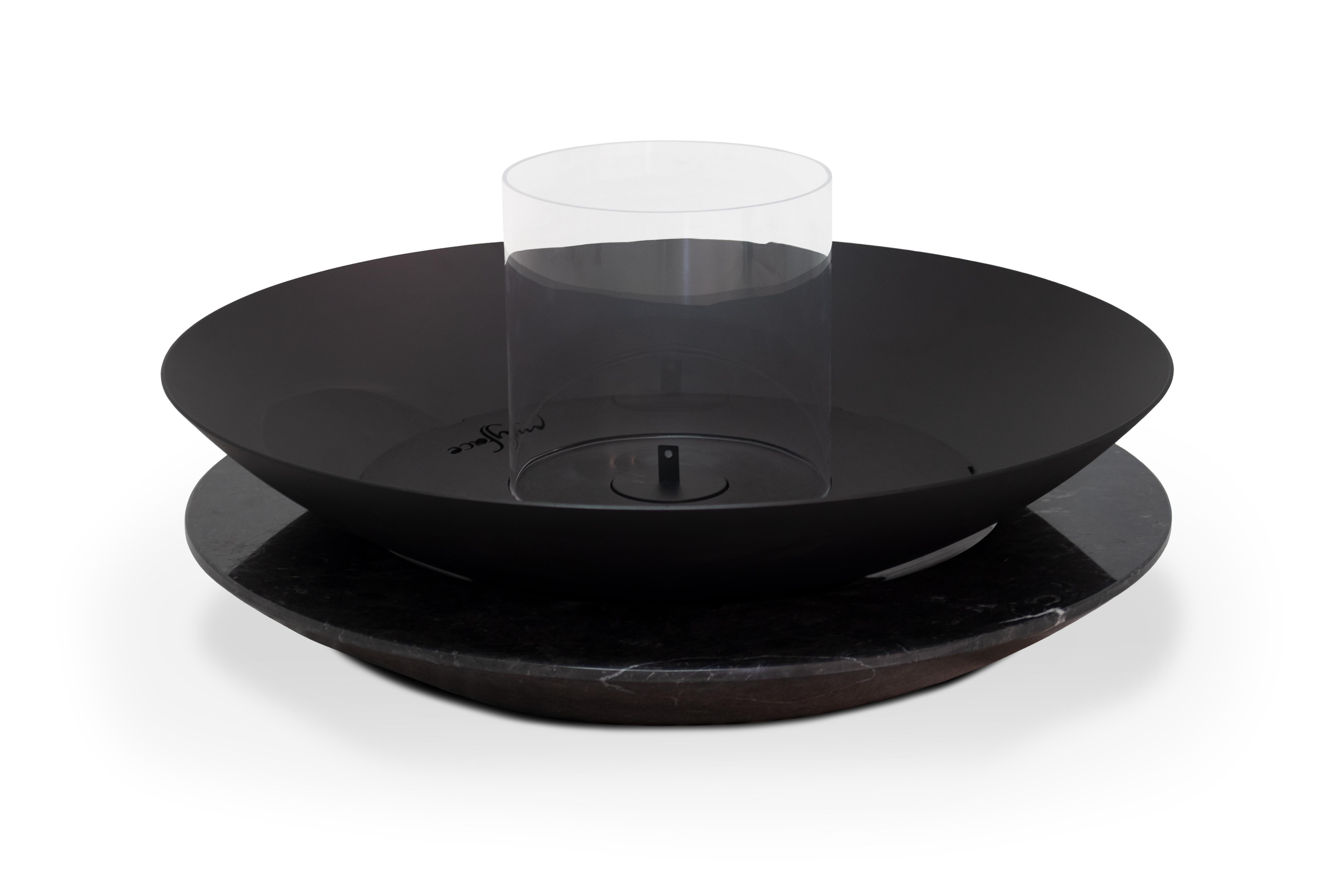 Portuguese Outdoor Fire Pit with Black Carbon Steel and Nero Marquina Marble Base For Sale