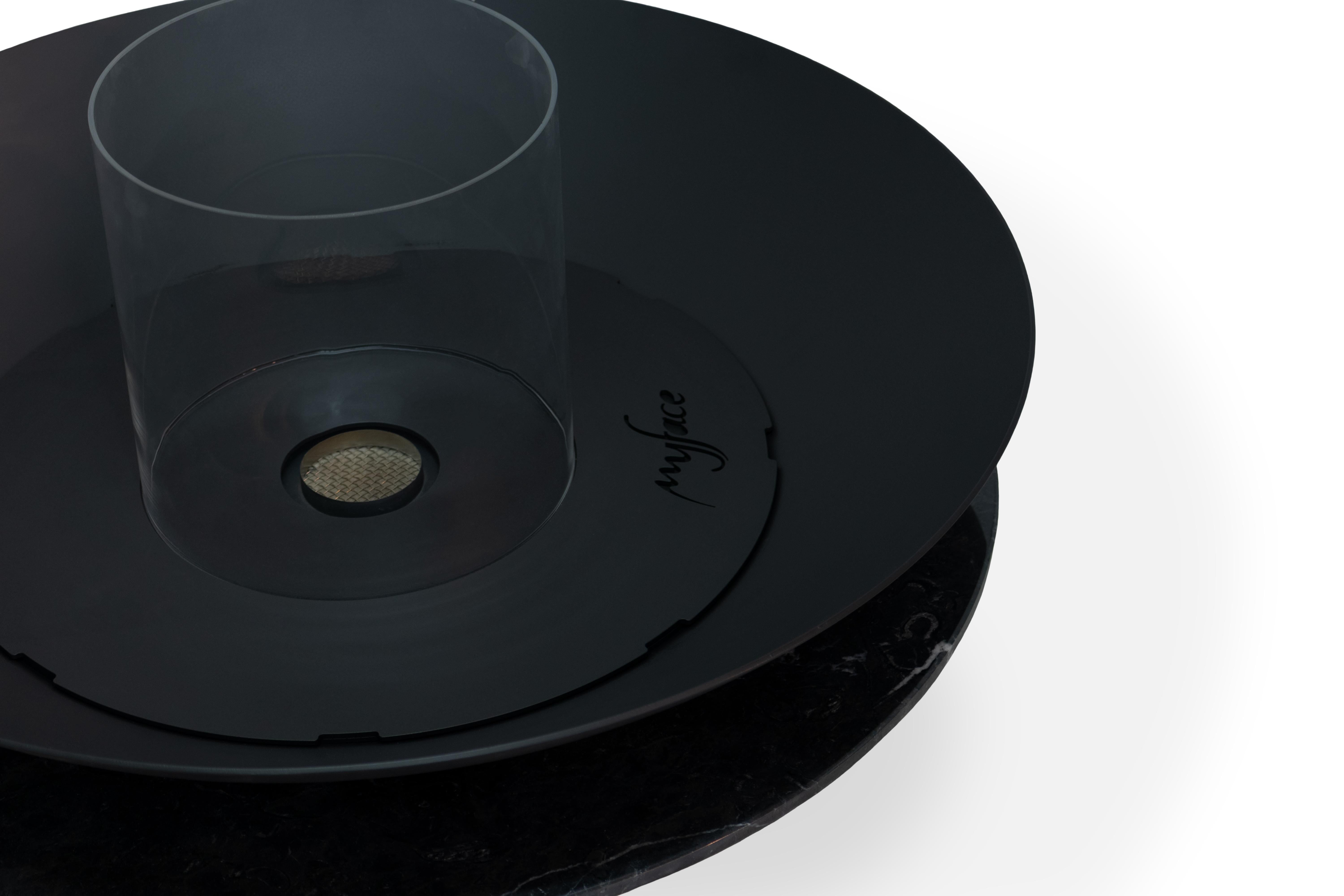 Contemporary Outdoor Fire Pit with Black Carbon Steel and Nero Marquina Marble Base For Sale