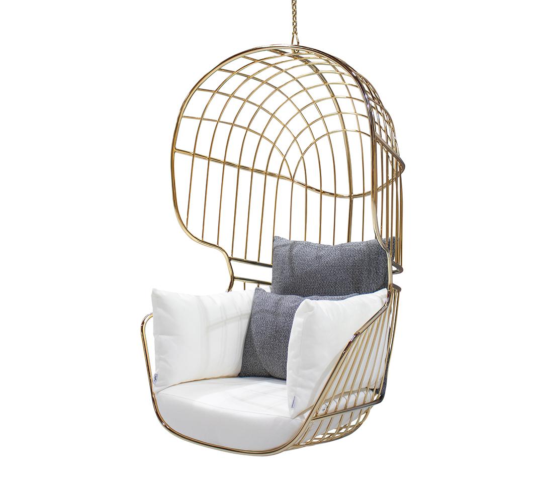 Contemporary Golden Outdoor Hanging Chair with Stainless Steel Frame and Luxury Fabric For Sale
