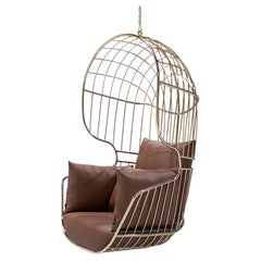 Outdoor Hanging Chair featuring Stainless Steel Frame, Waterproof Brown Leather