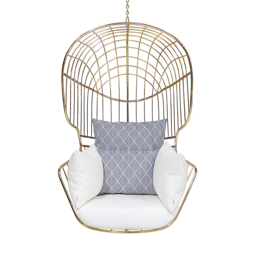 Modern White Blue Outdoor Hanging Chair with Stainless Steel and Golden Finish For Sale