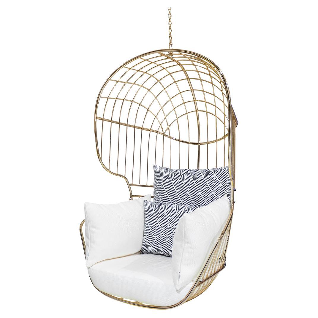 White Blue Outdoor Hanging Chair with Stainless Steel and Golden Finish For Sale