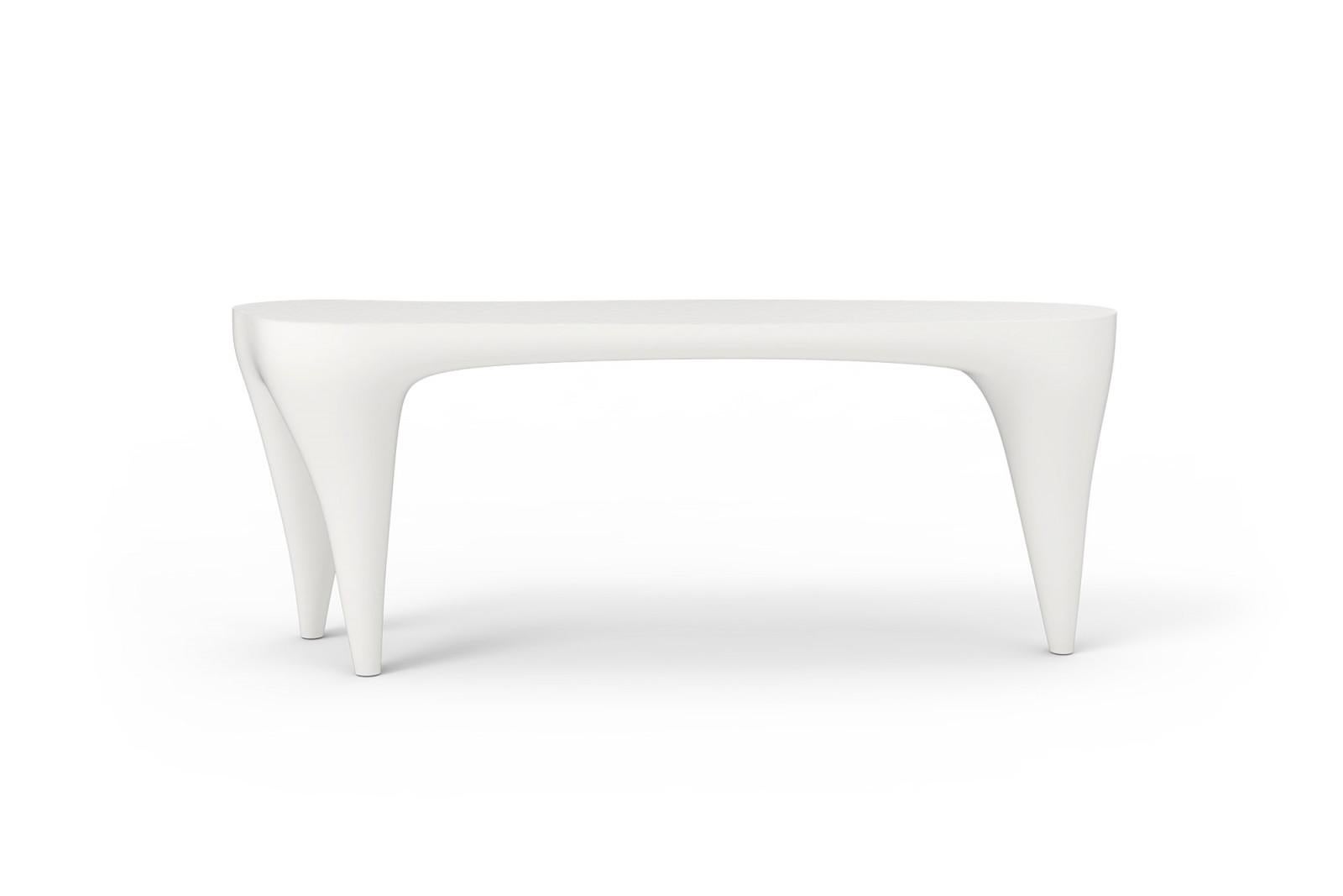 Contemporary outdoor/indoor console table built with resin reinforced fiberglass. This highly resistant material is suitable for all weather conditions with extreme temperatures. The table is offered in matte white lacquer finish.
This piece is