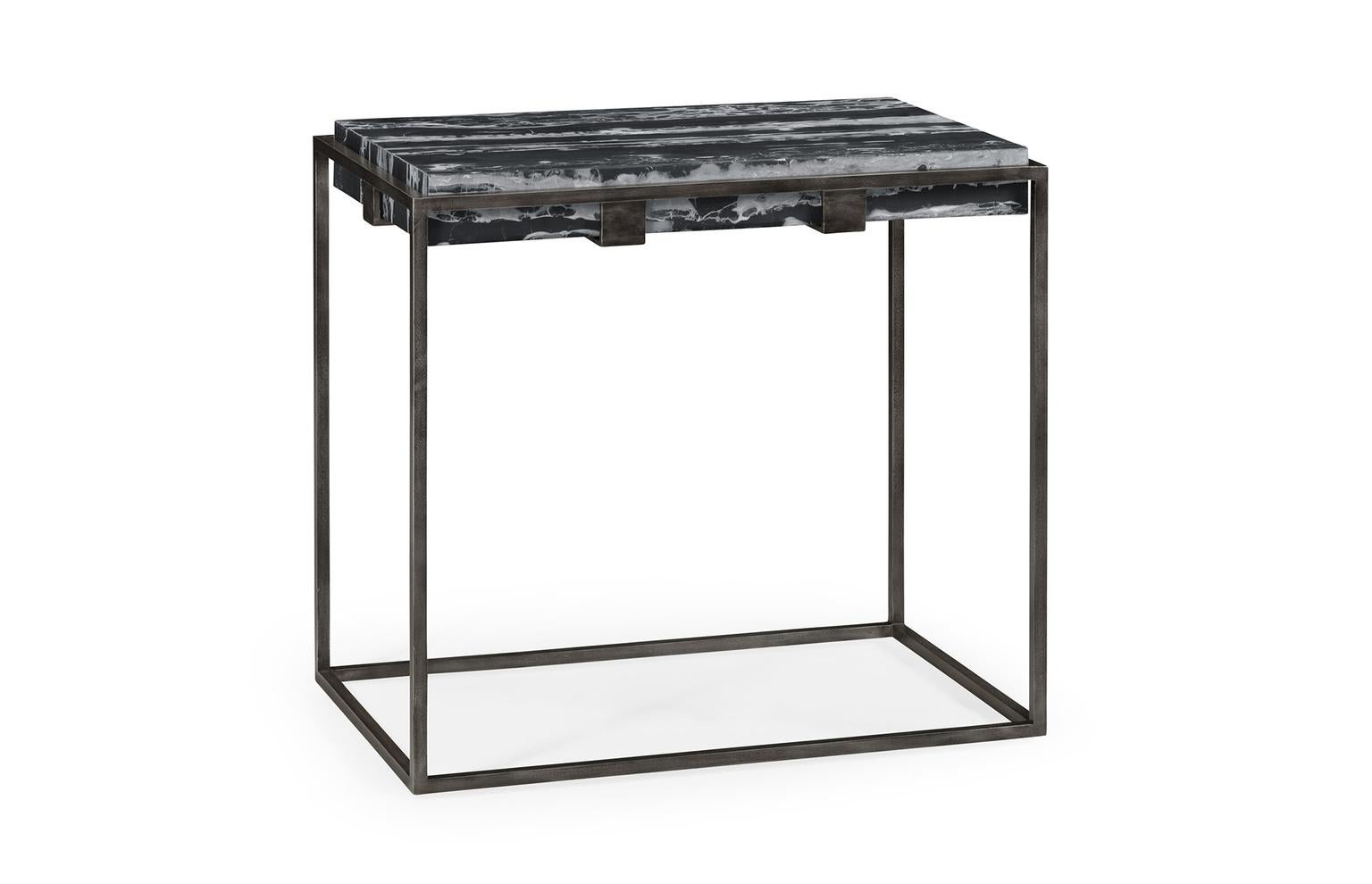 Set of Two End Tables in Antiqued Pewter and Black Marble for Indoor or Outdoors In New Condition In New York, NY