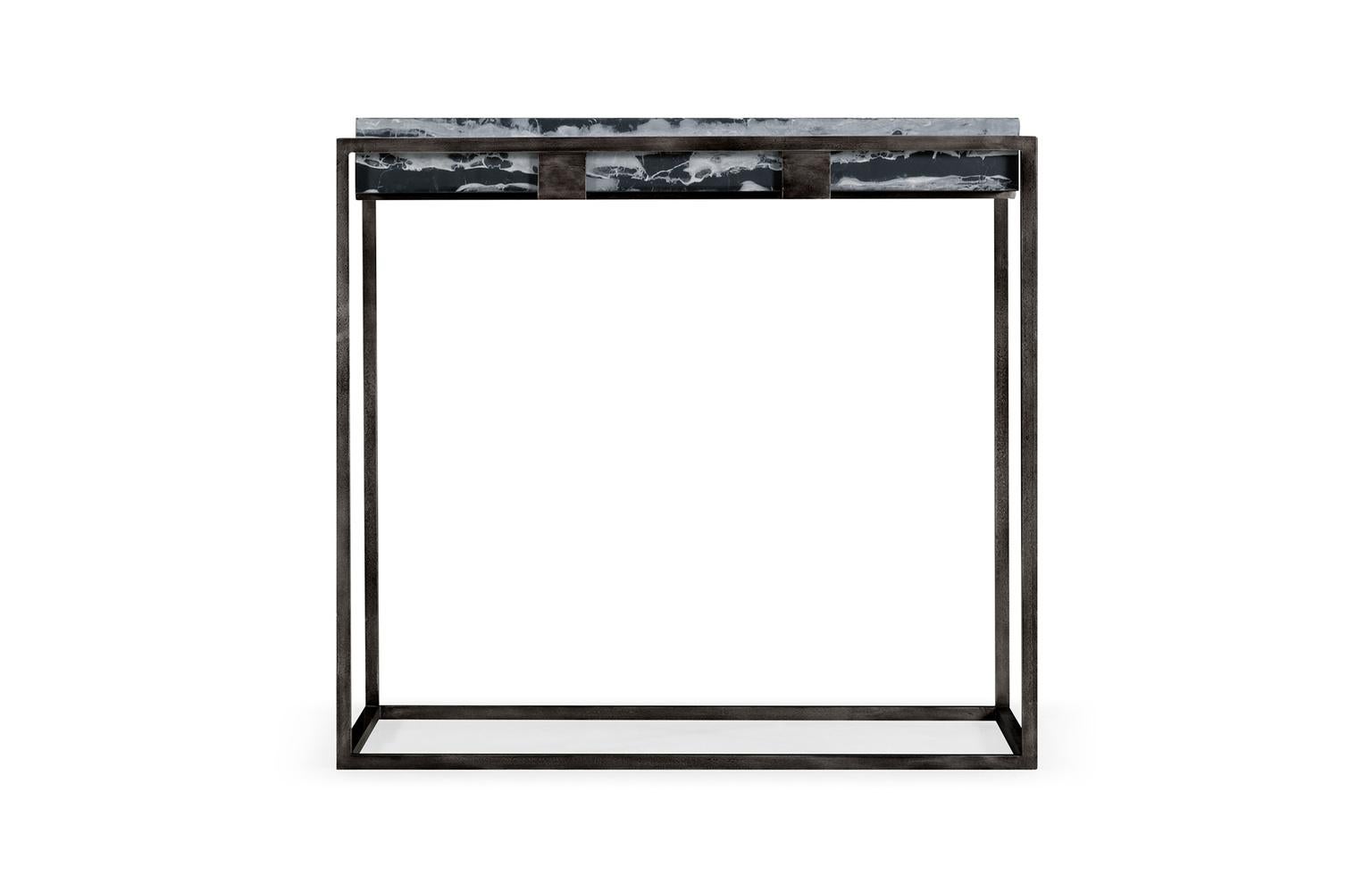 Steel Set of Two End Tables in Antiqued Pewter and Black Marble for Indoor or Outdoors