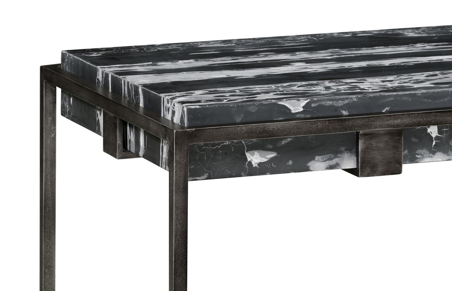 Set of Two End Tables in Antiqued Pewter and Black Marble for Indoor or Outdoors 1
